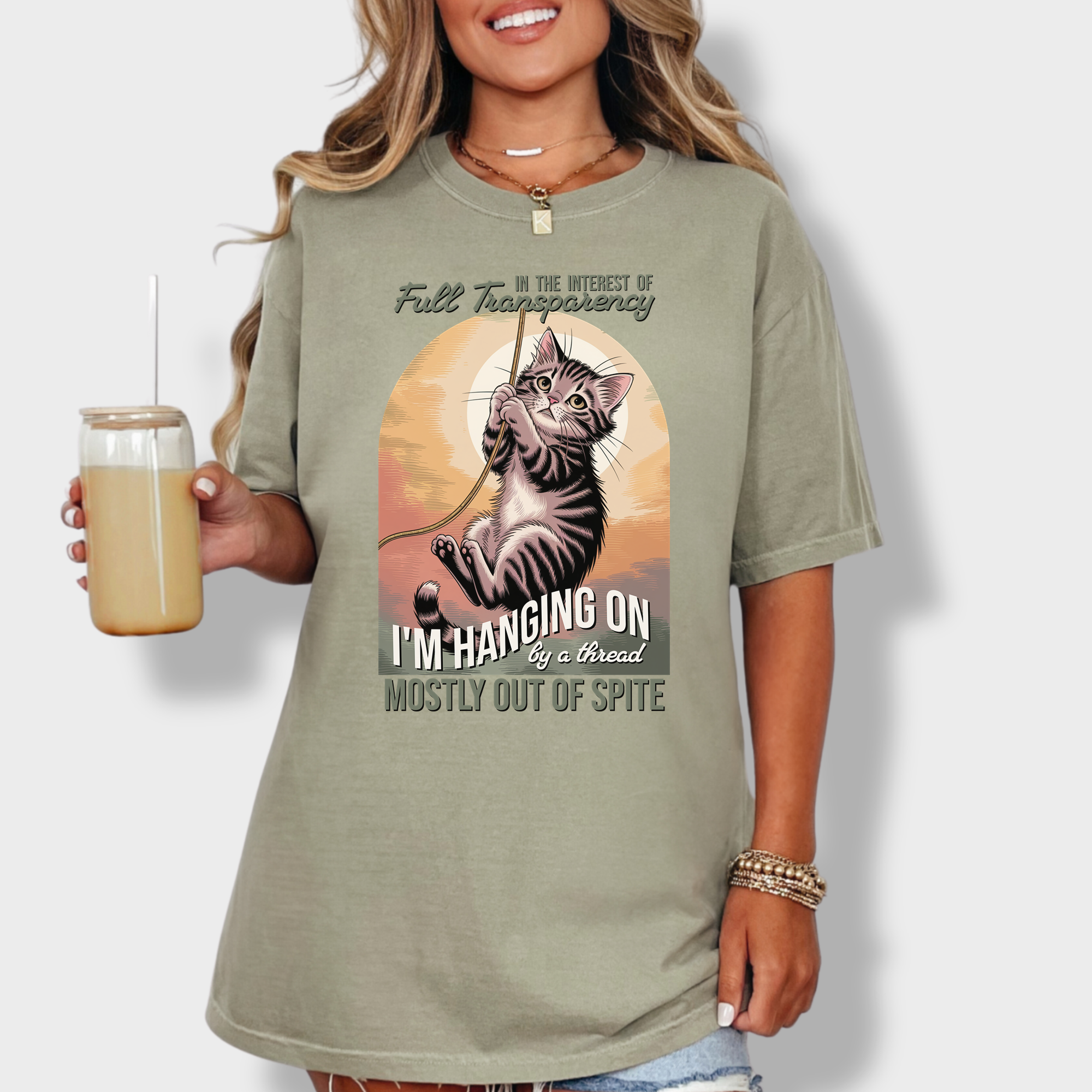 Western Hanging on by a Thread Cat Graphic Comfort Colors T-Shirt in Khaki