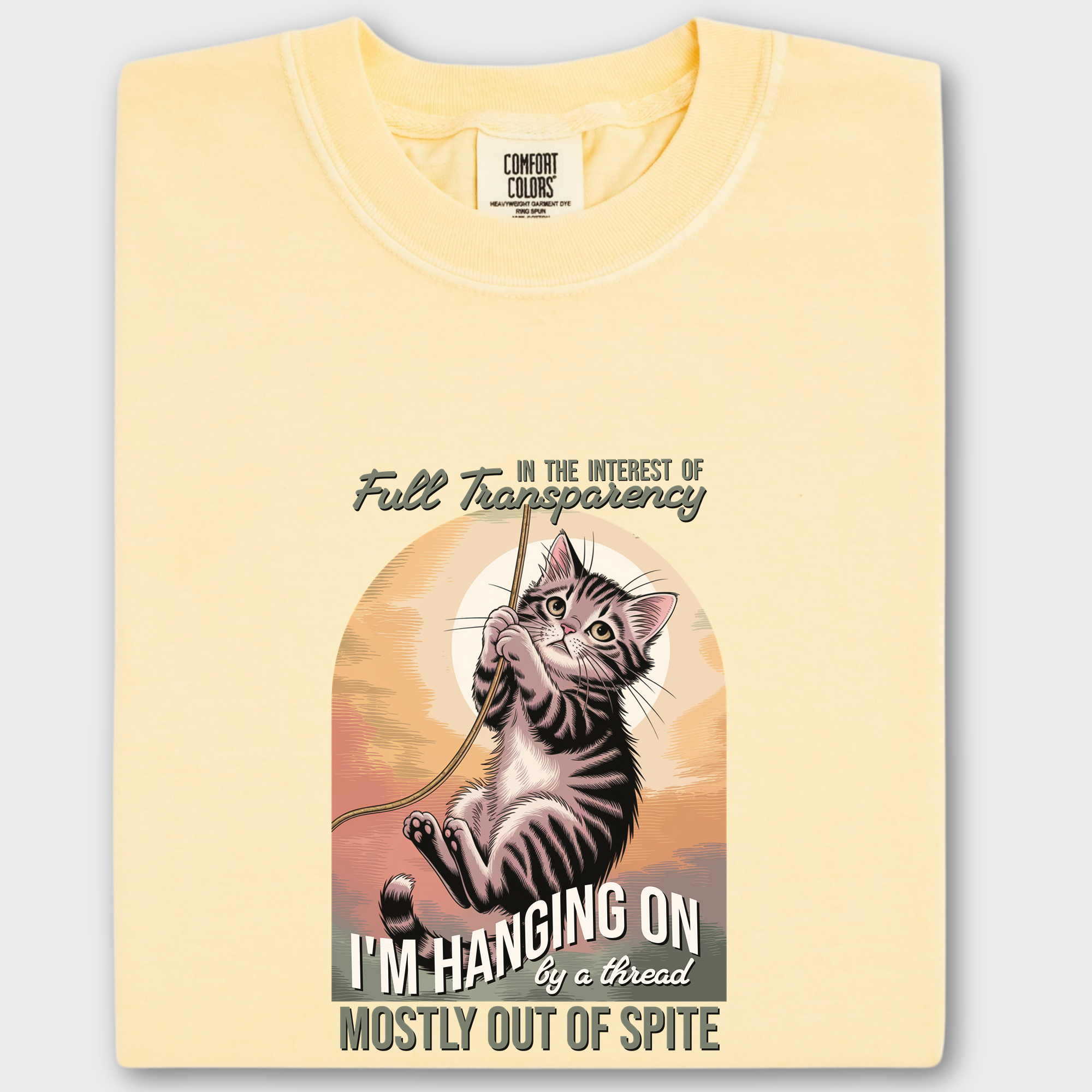 Western Hanging on by a Thread Cat Graphic Comfort Colors T-Shirt in Butter