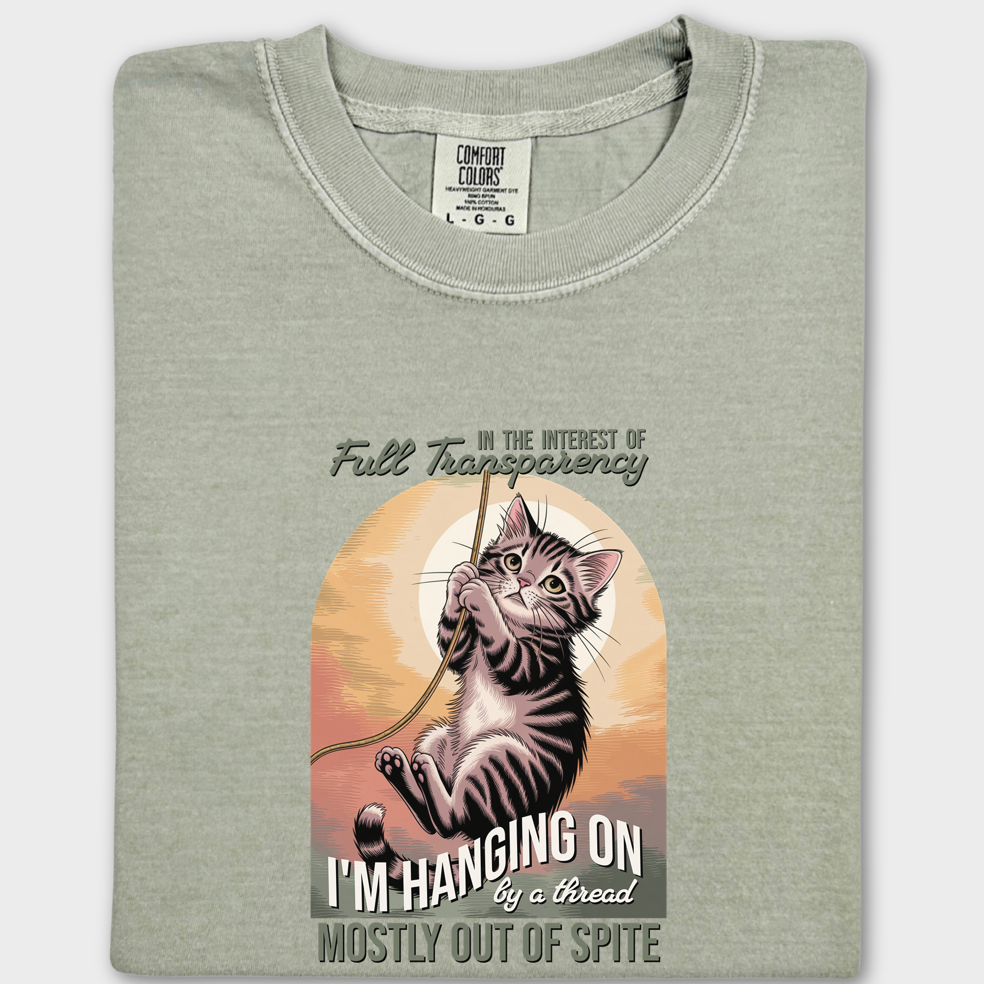 Western Hanging on by a Thread Cat Graphic Comfort Colors T-Shirt in Khaki