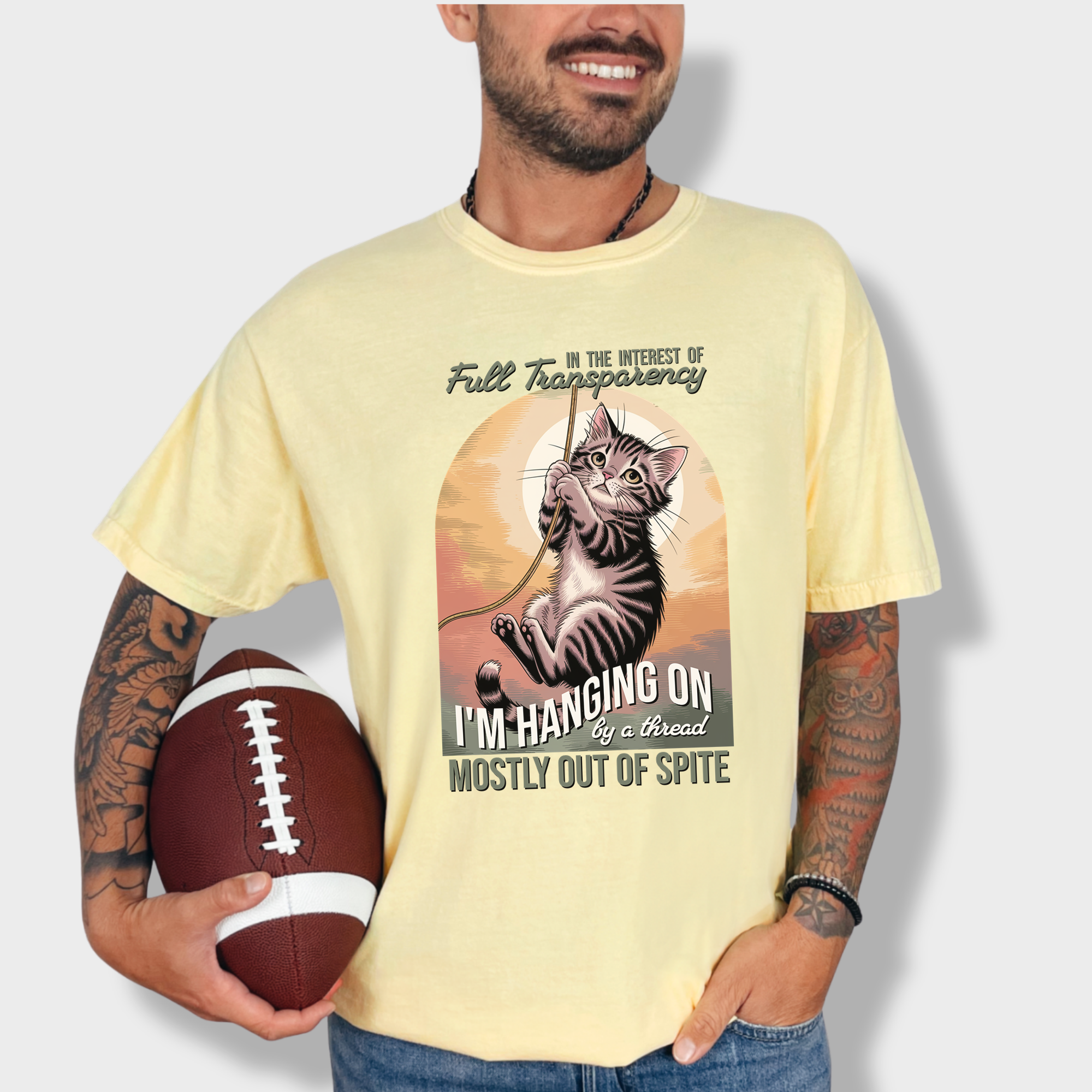 Western Hanging on by a Thread Cat Graphic Comfort Colors T-Shirt in Butter