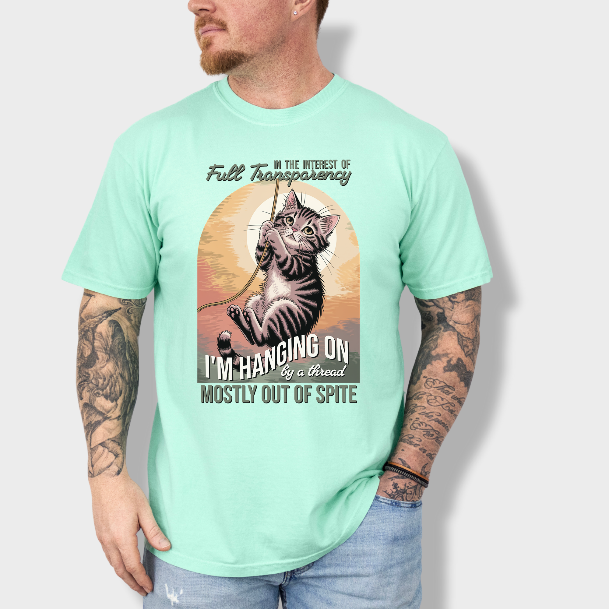 Western Hanging on by a Thread Cat Graphic Comfort Colors T-Shirt in Island Reef