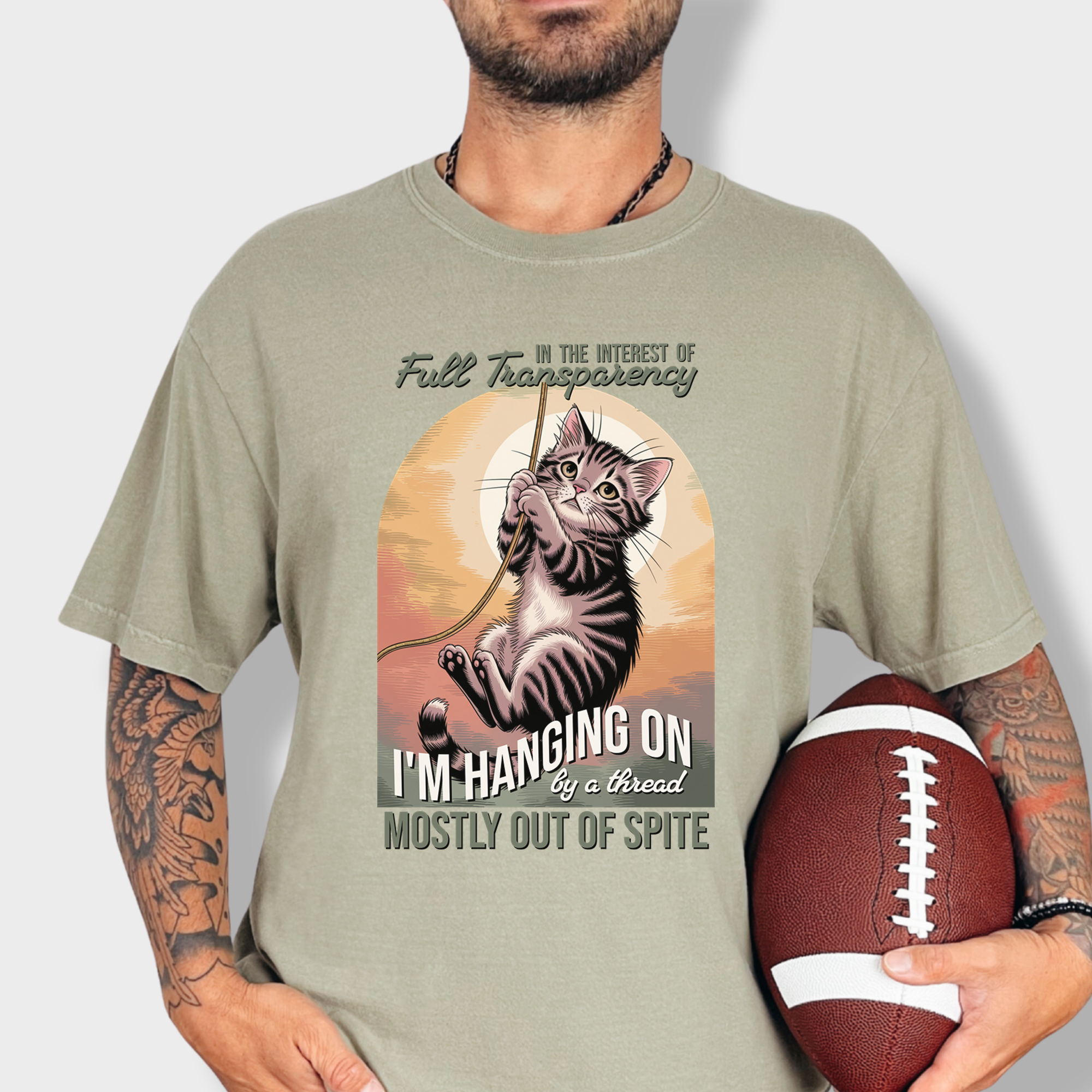 Western Hanging on by a Thread Cat Graphic Comfort Colors T-Shirt in Khaki