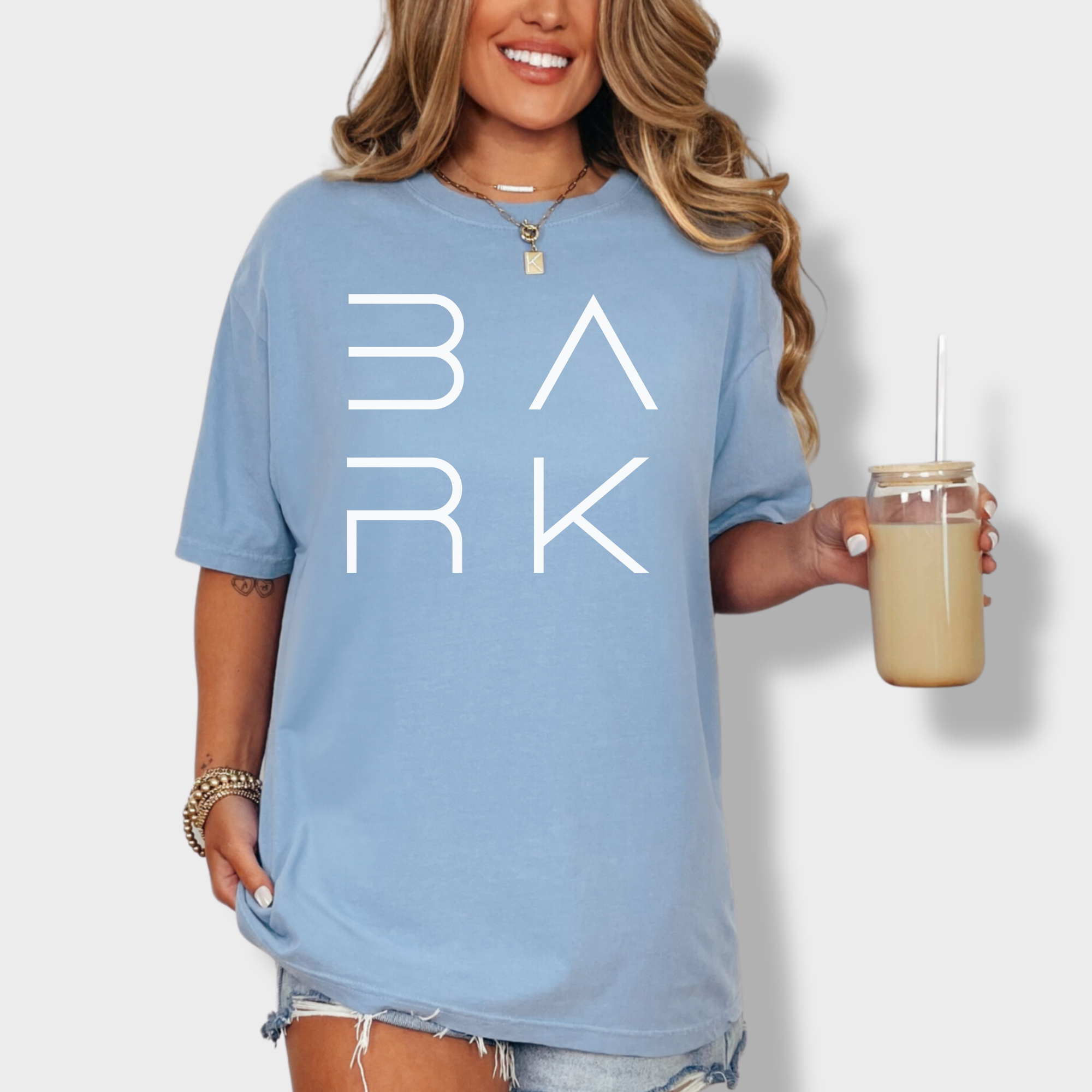 Minimalist BARK Modern Text Design Dog Text Comfort Colors T-Shirt in Washed Denim-Fetch N Found