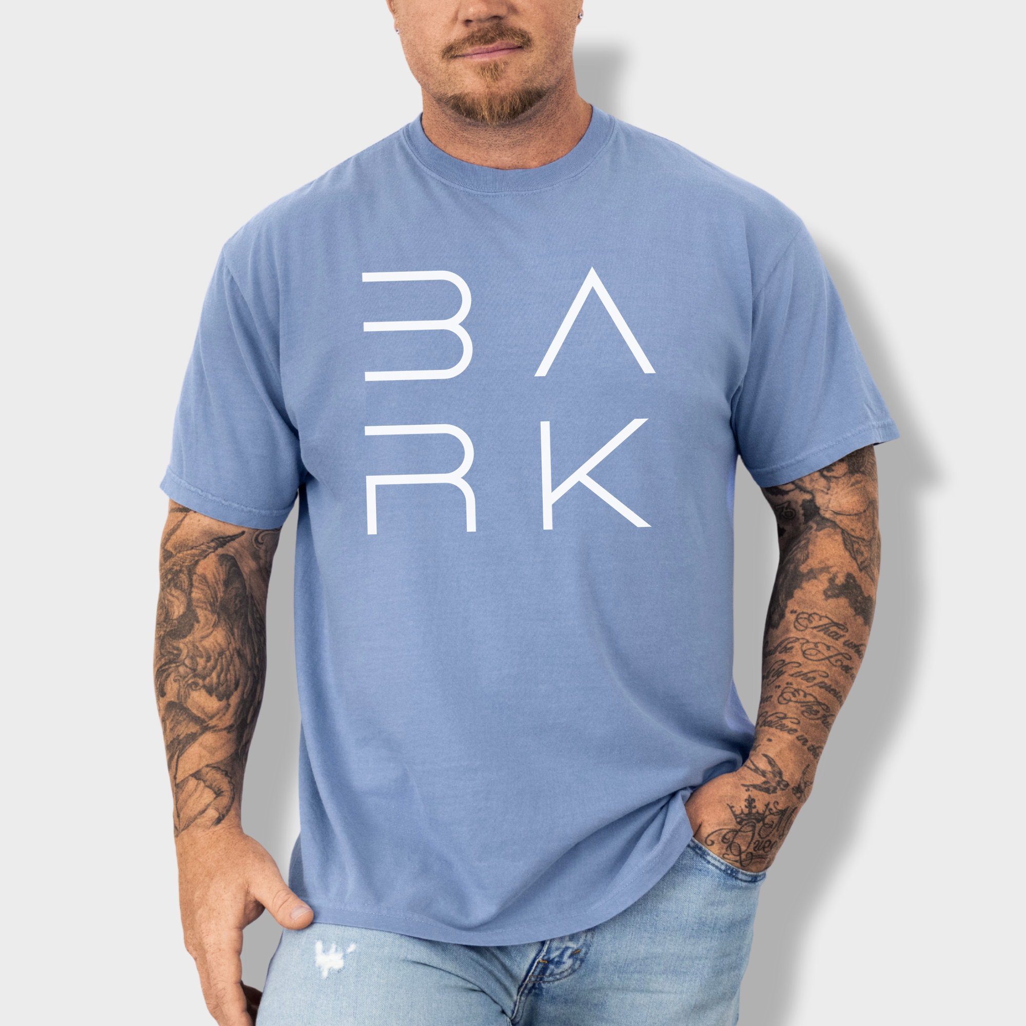 Minimalist BARK Modern Text Design Dog Text Comfort Colors T-Shirt in Washed Denim-Fetch N Found