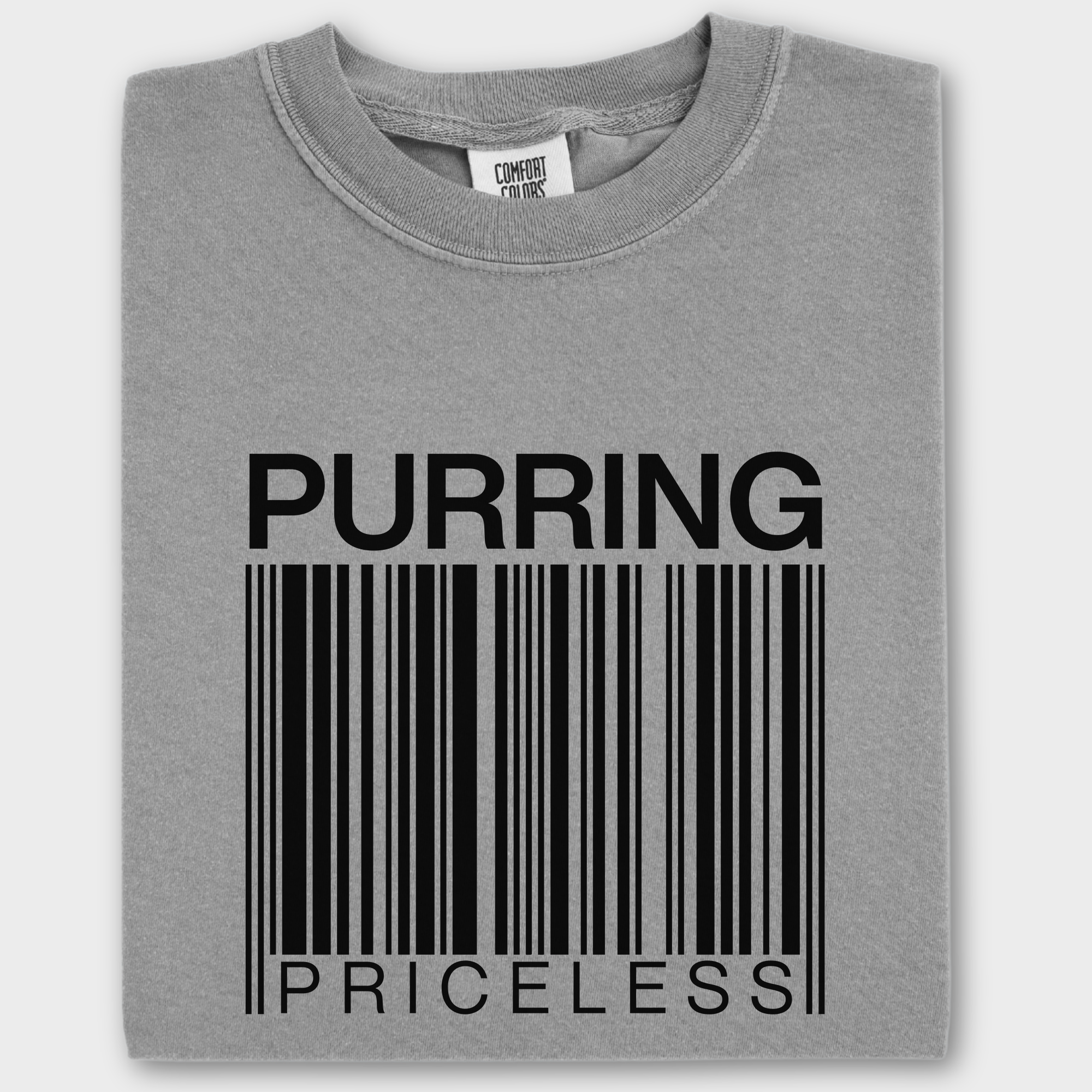 Modern Purring is Priceless Barcode Cat Graphic Comfort Colors T-Shirt in Gray-Fetch N Found
