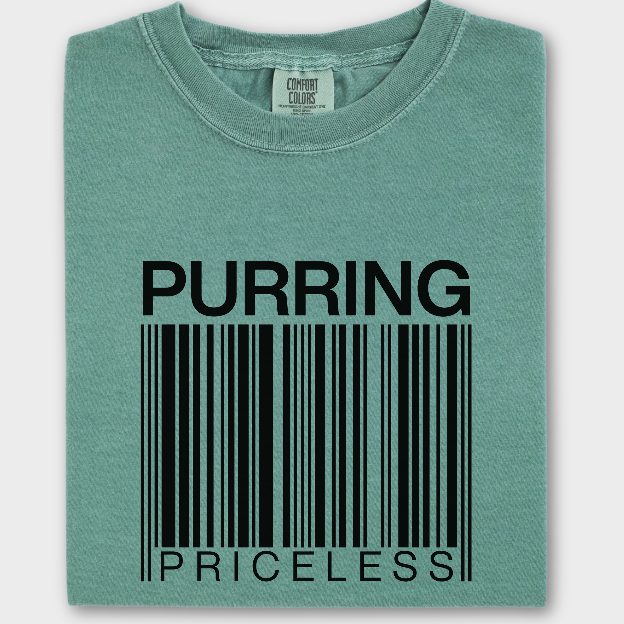 Modern Purring is Priceless Barcode Cat Graphic Comfort Colors T-Shirt in Light Green-Fetch N Found