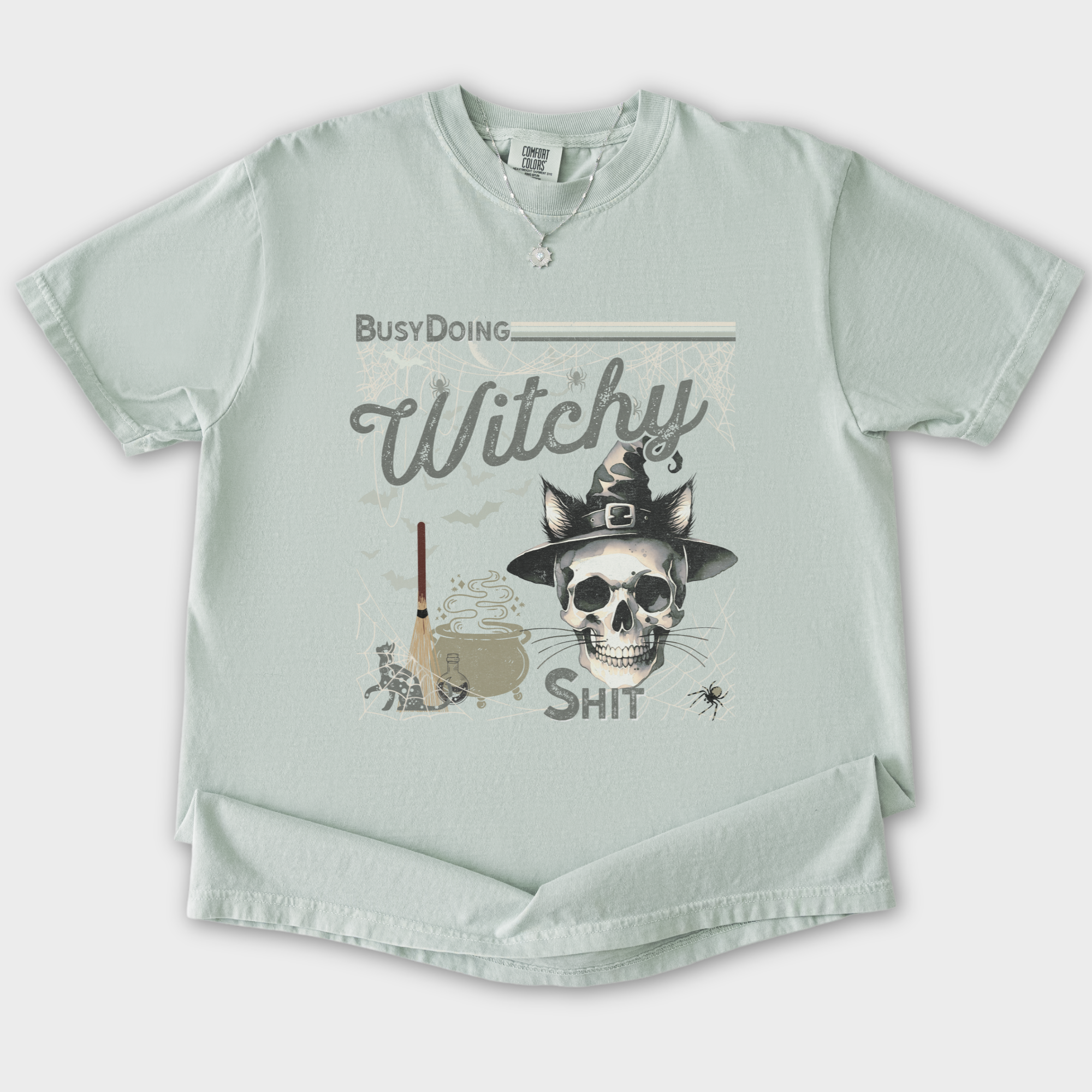 Retro Busy Being a Witch Y2K Halloween Cat Skeleton Comfort Colors T-Shirt in Bay-T-Shirt-Fetch N Found
