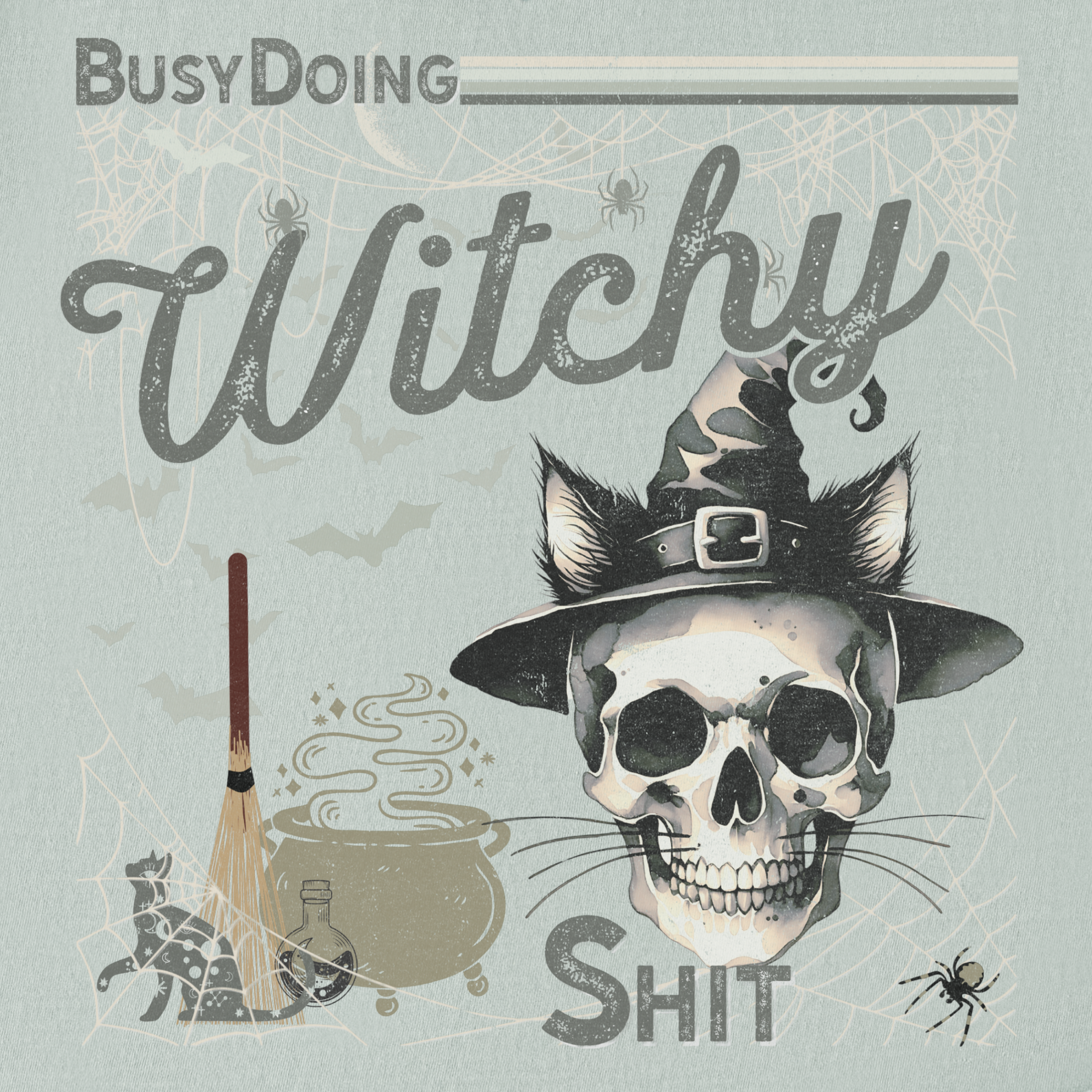Retro Busy Being a Witch Y2K Halloween Cat Skeleton Comfort Colors T-Shirt in Bay-T-Shirt-Fetch N Found