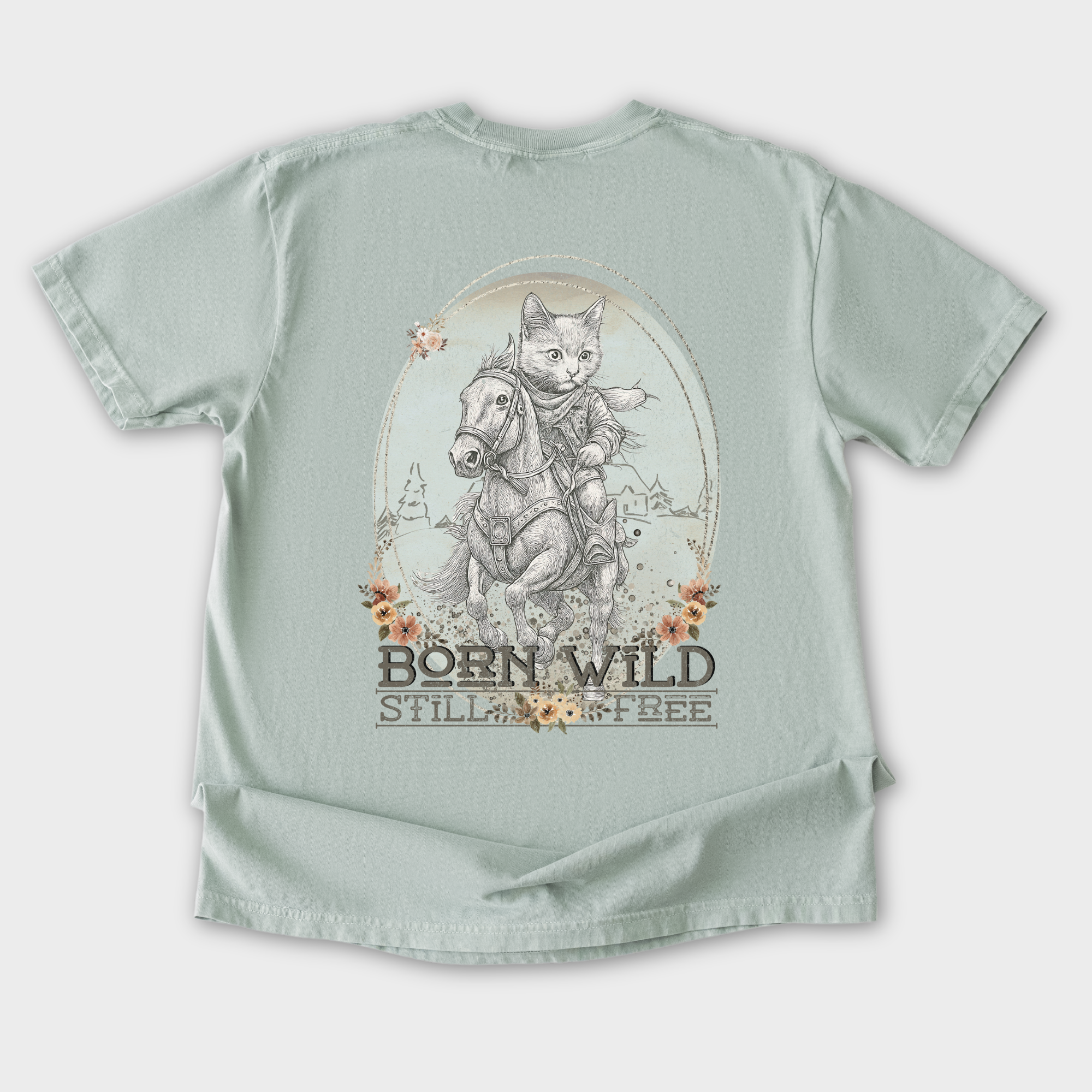 Western Born Wild Still Free Gritty Kitty Cowboy Cat Line Art Comfort Colors T-Shirt in Bay