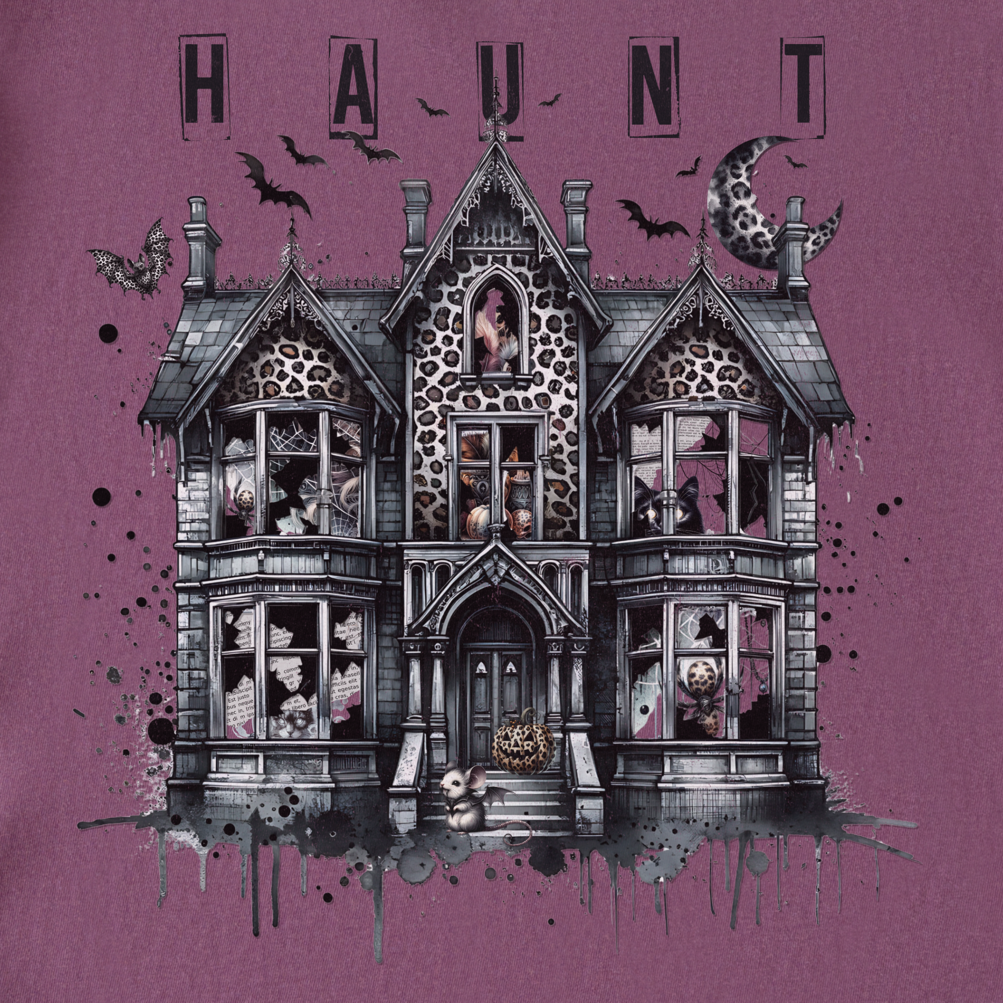 Retro HAUNT Leopard Print House Collage Cat Graphic Comfort Colors T-Shirt in Berry-T-Shirt-Fetch N Found