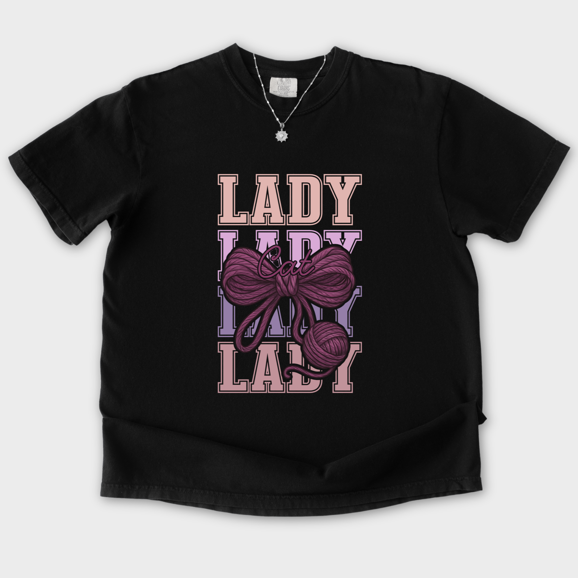 Retro Cat LADY Yarn Bow Cat Bow Comfort Colors T-Shirt in Black