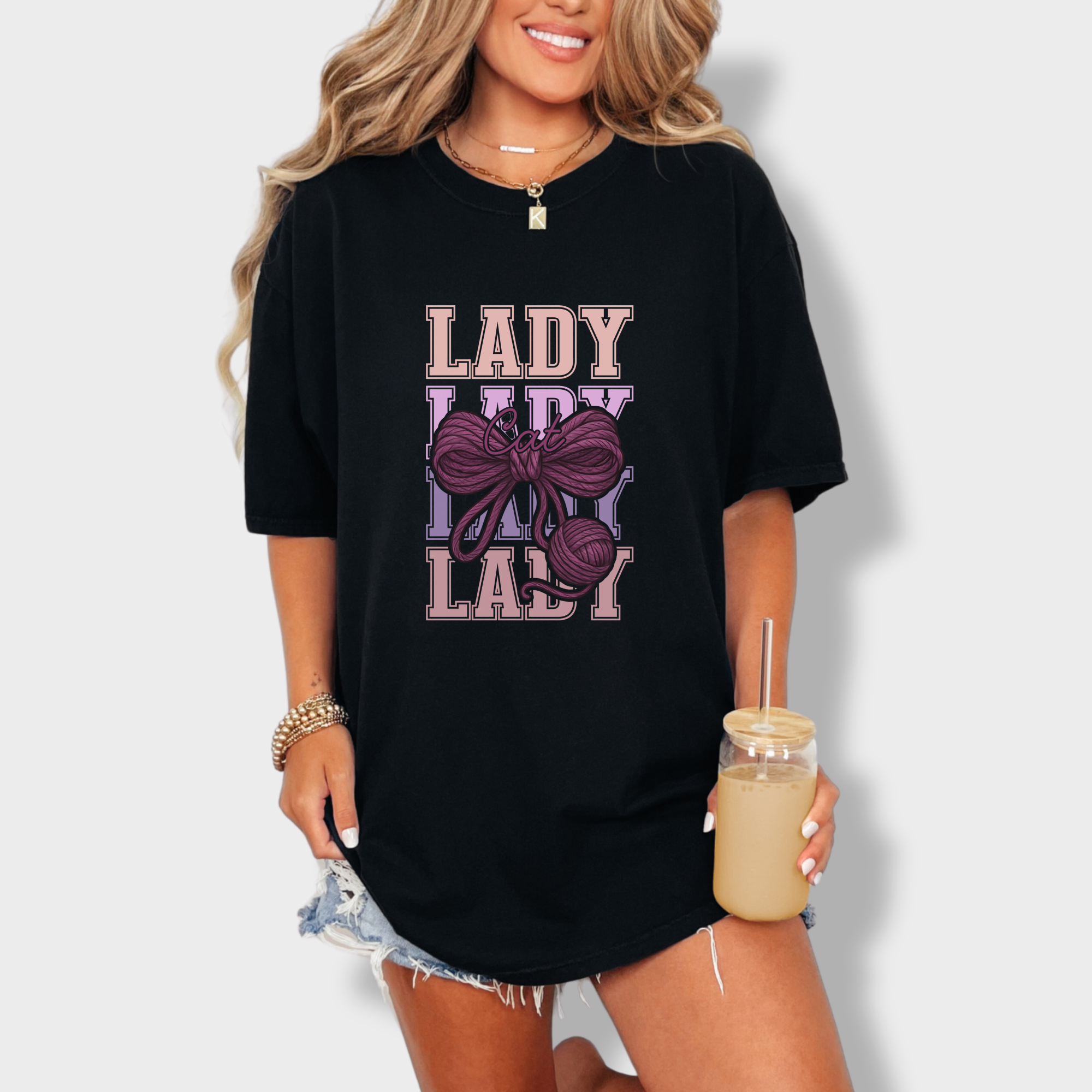 Retro Cat LADY Yarn Bow Cat Bow Comfort Colors T-Shirt in Black
