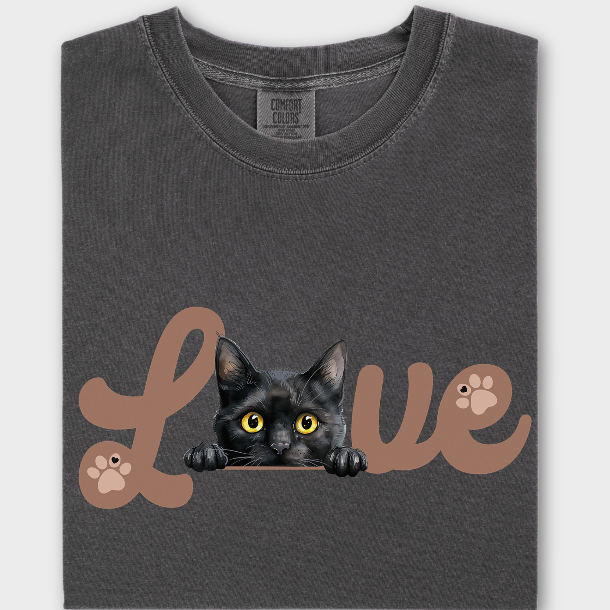 Minimalist Black cat T-shirt featuring a bold L-O-V-E design in black, made from soft 100% cotton.