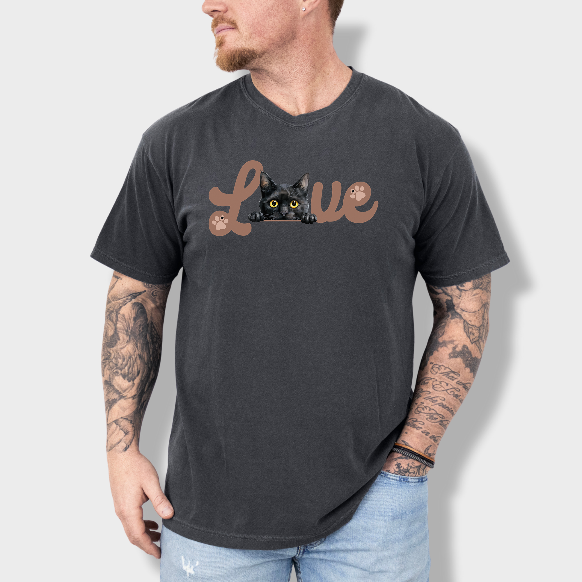 Black cotton T-shirt featuring a modern Black cat design integrated into a unique L-O-V-E typography.