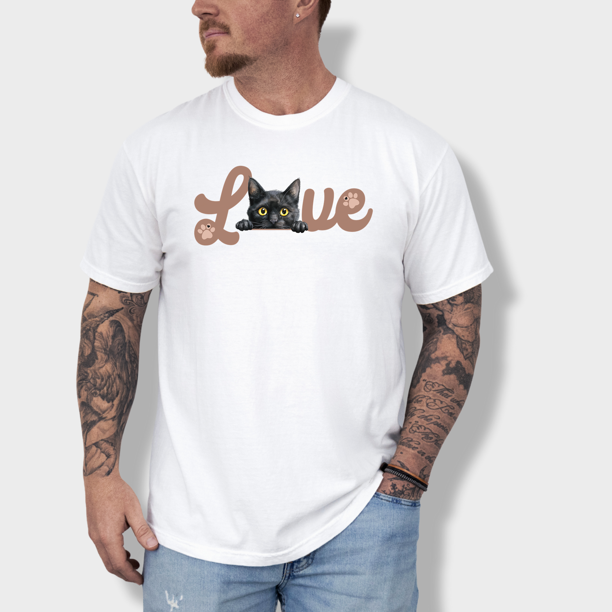 Minimalist Black cat T-shirt featuring a bold L-O-V-E design in black, made from soft 100% cotton.