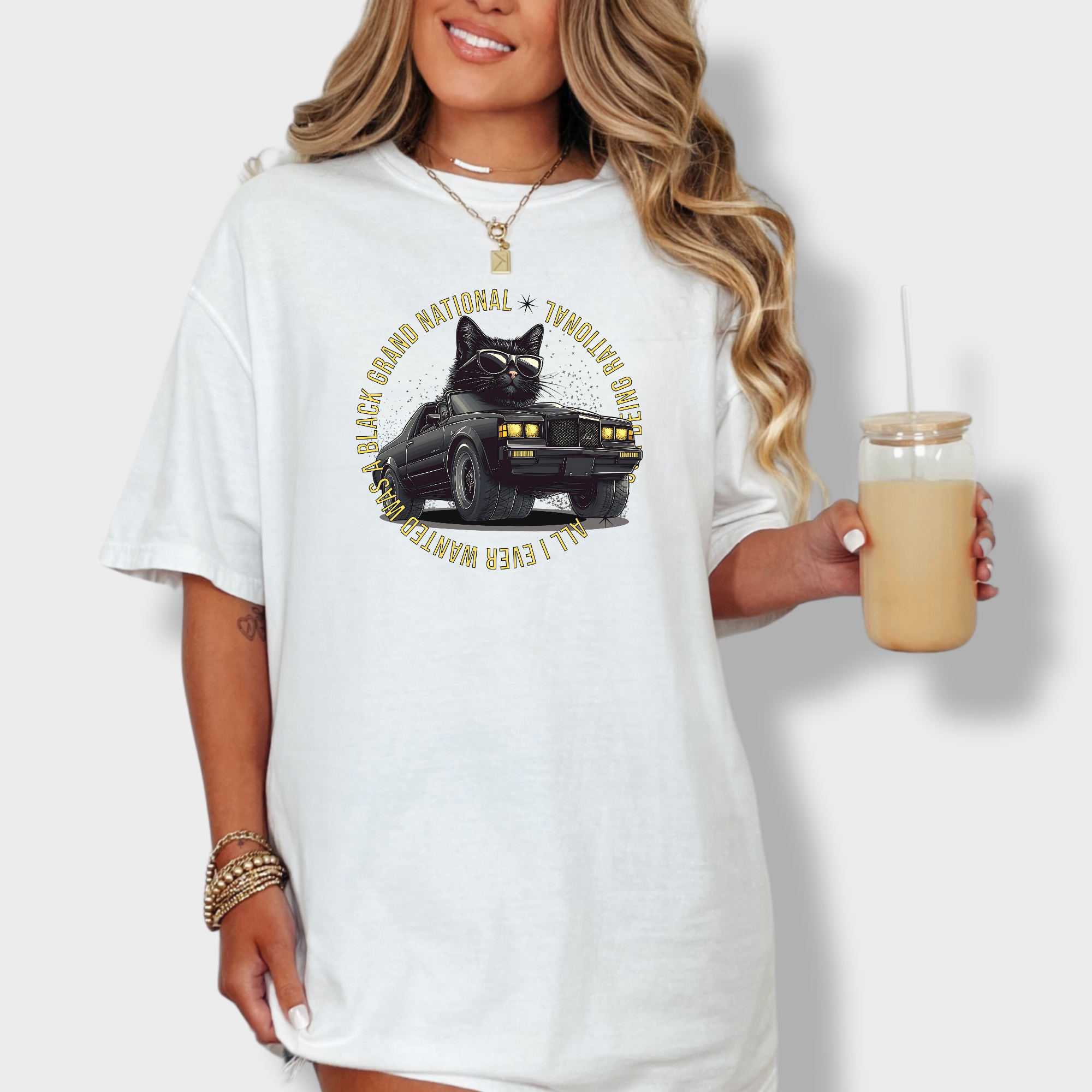 Retro Cute Cat Graphic Black Grand National T-Shirt in White
