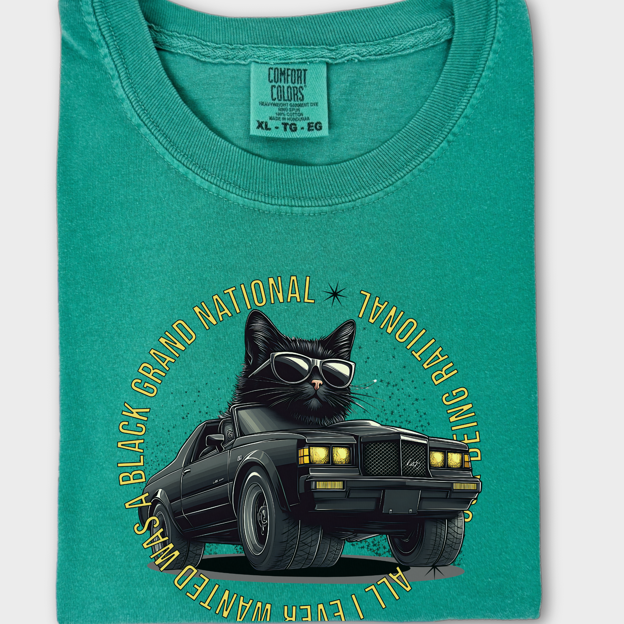 Retro Cute Cat Graphic Black Grand National T-Shirt in Grass
