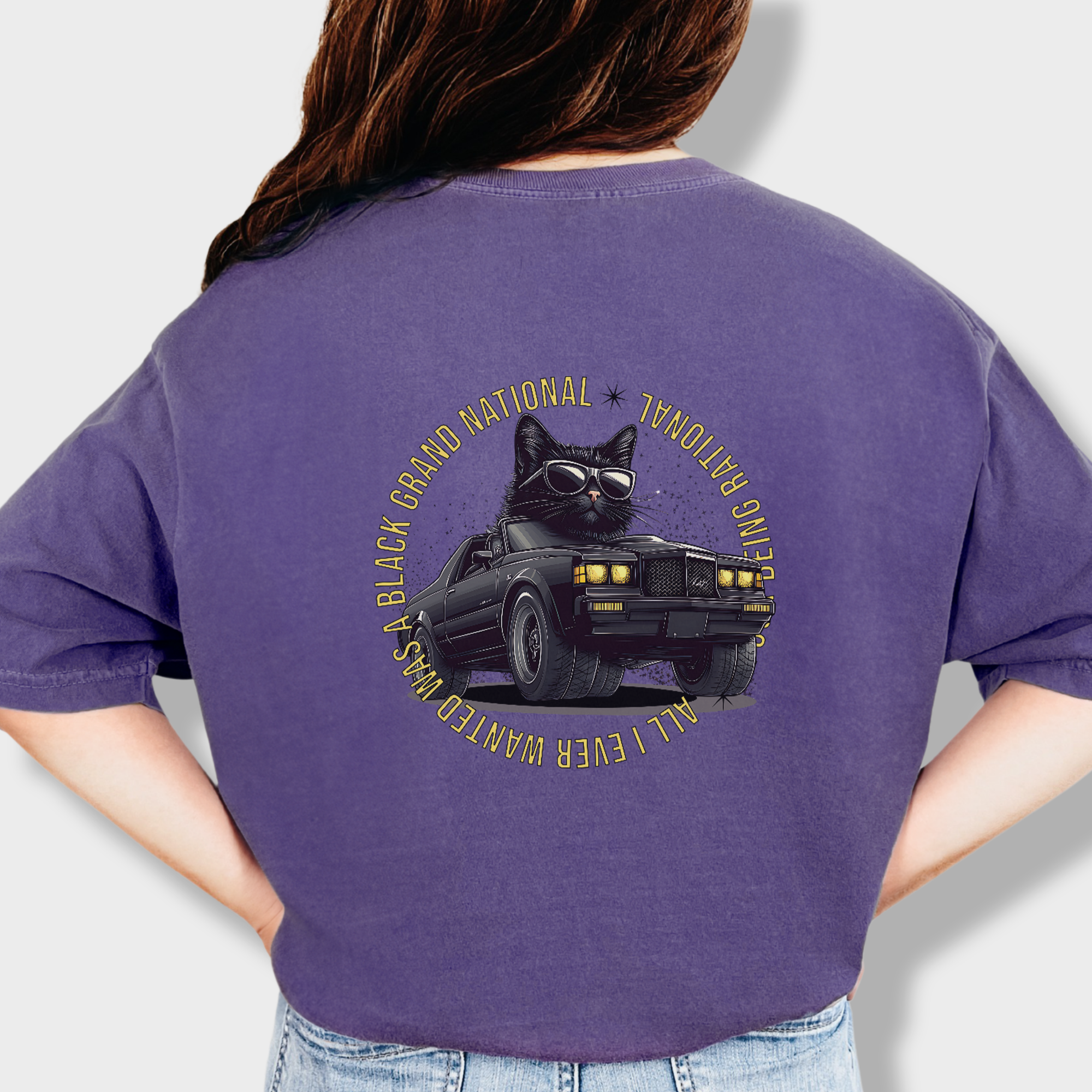Retro Cute Cat Graphic Black Grand National Premium T-Shirt in Grape