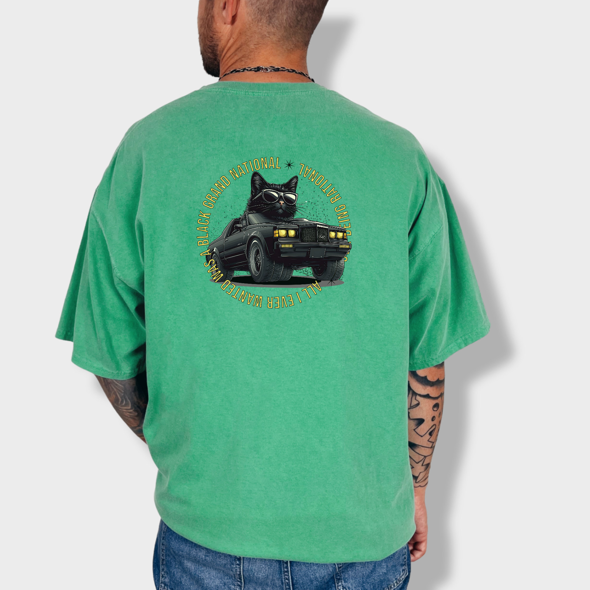 Retro Cute Cat Graphic Black Grand National Premium T-Shirt in Grass