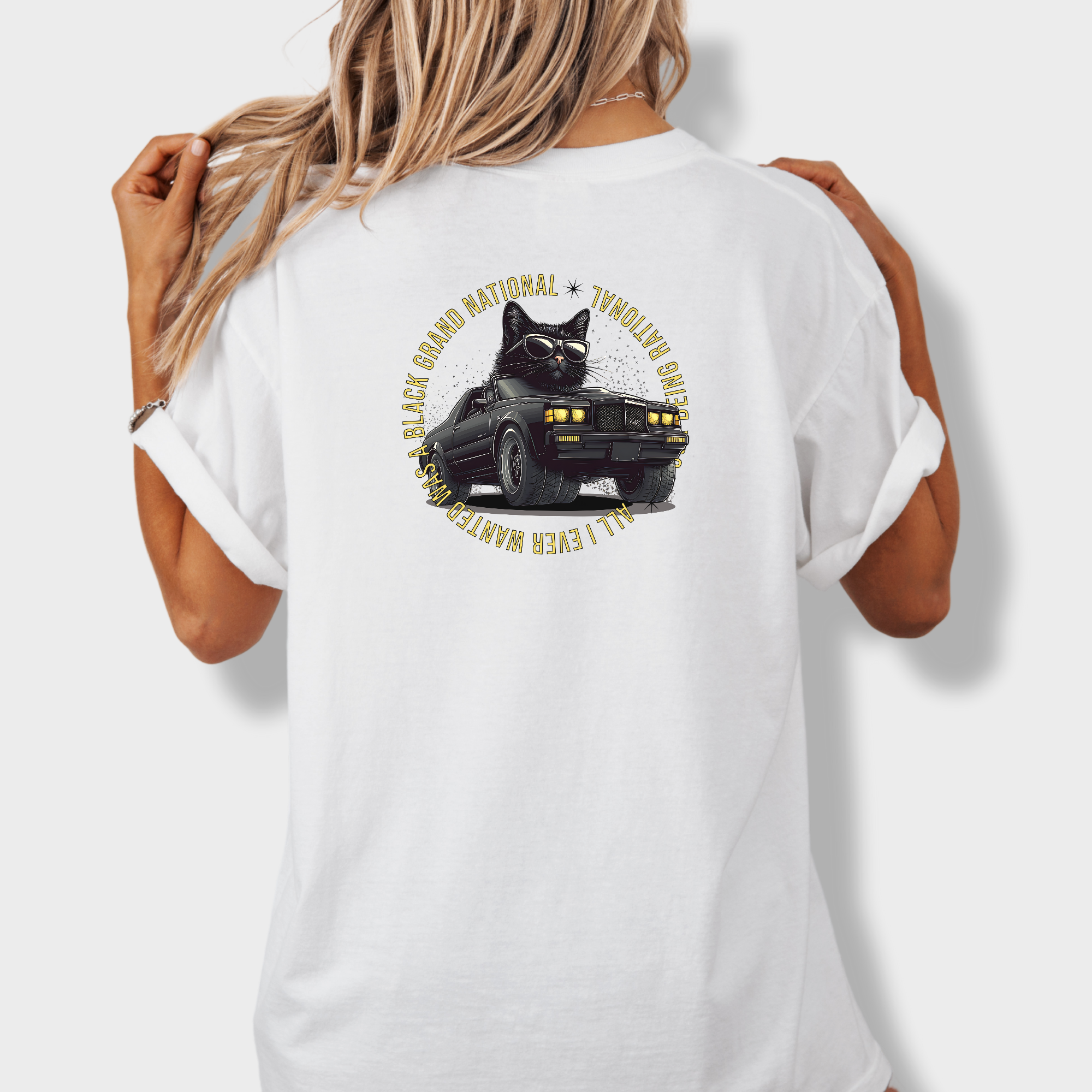 Retro Cute Cat Graphic Black Grand National Premium T-Shirt in White