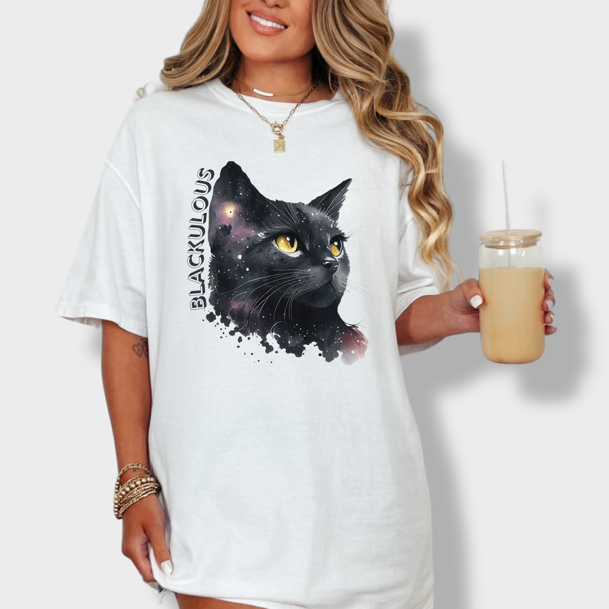 Unique black cat-themed T-shirt with a large artistic watercolor cat head and the word 'Blackulous' to honor their beauty.