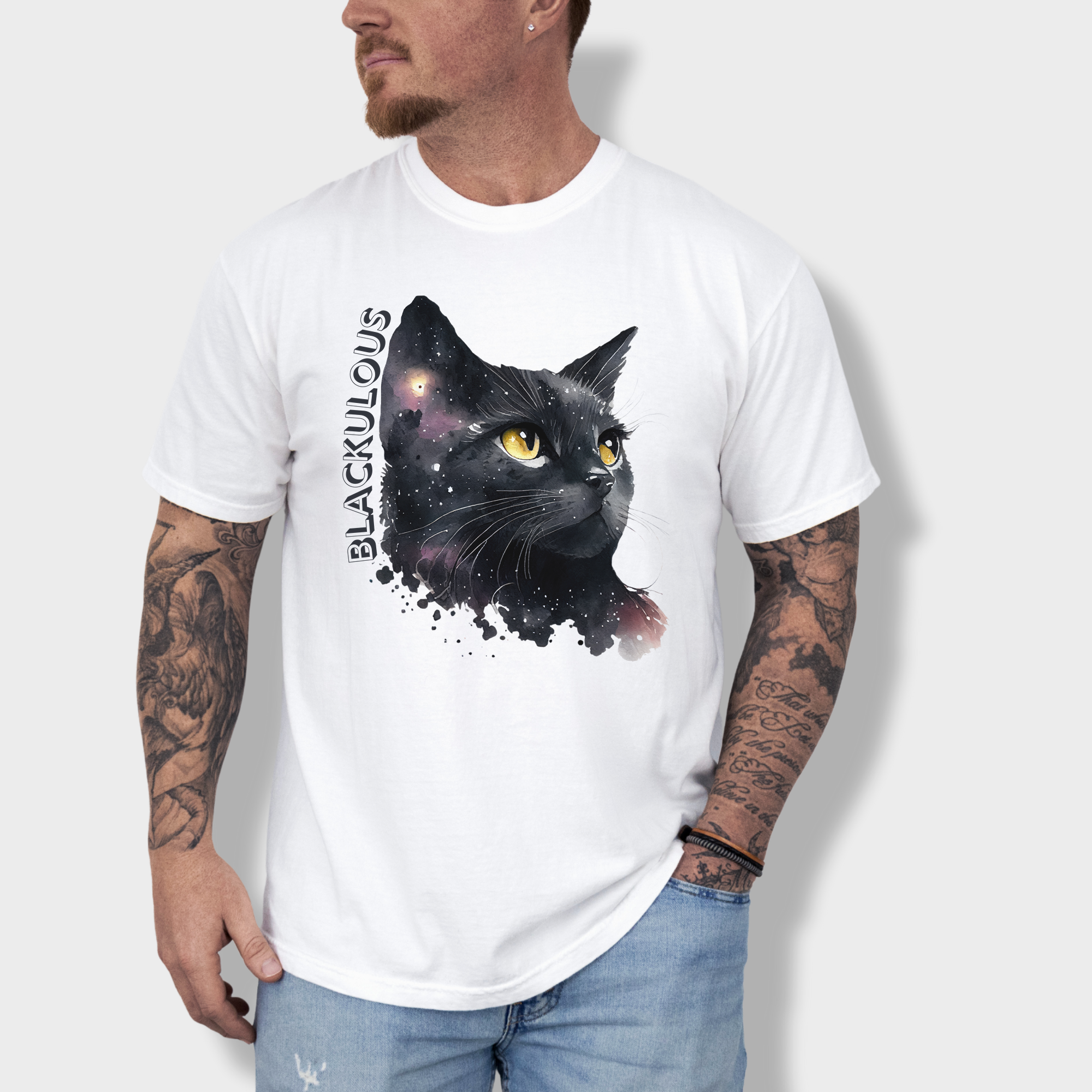 Artistic black cat T-shirt with a striking watercolor design and 'Blackulous' text, perfect for cat lovers.