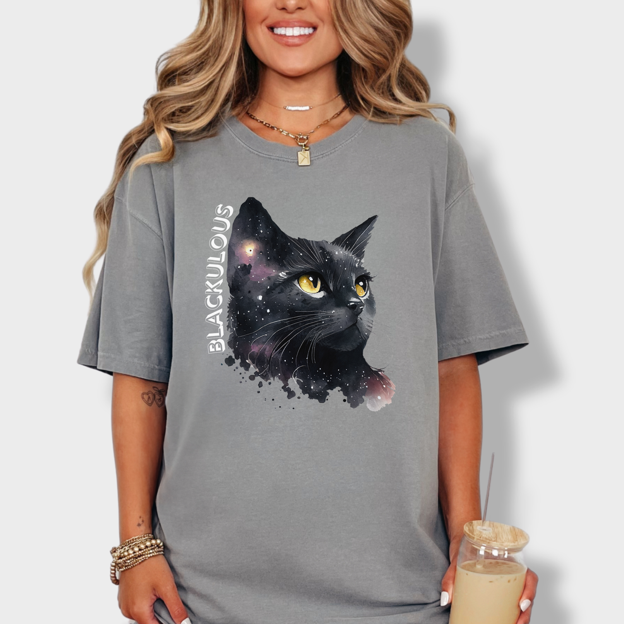 Minimalist black cat lover’s tee featuring a bold watercolor feline portrait and the custom word 'Blackulous'.