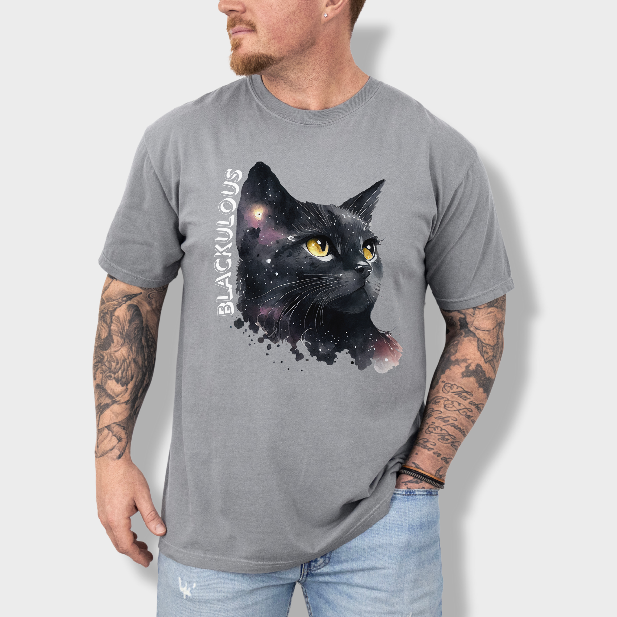 Artistic black cat T-shirt with a striking watercolor design and 'Blackulous' text, perfect for cat lovers.