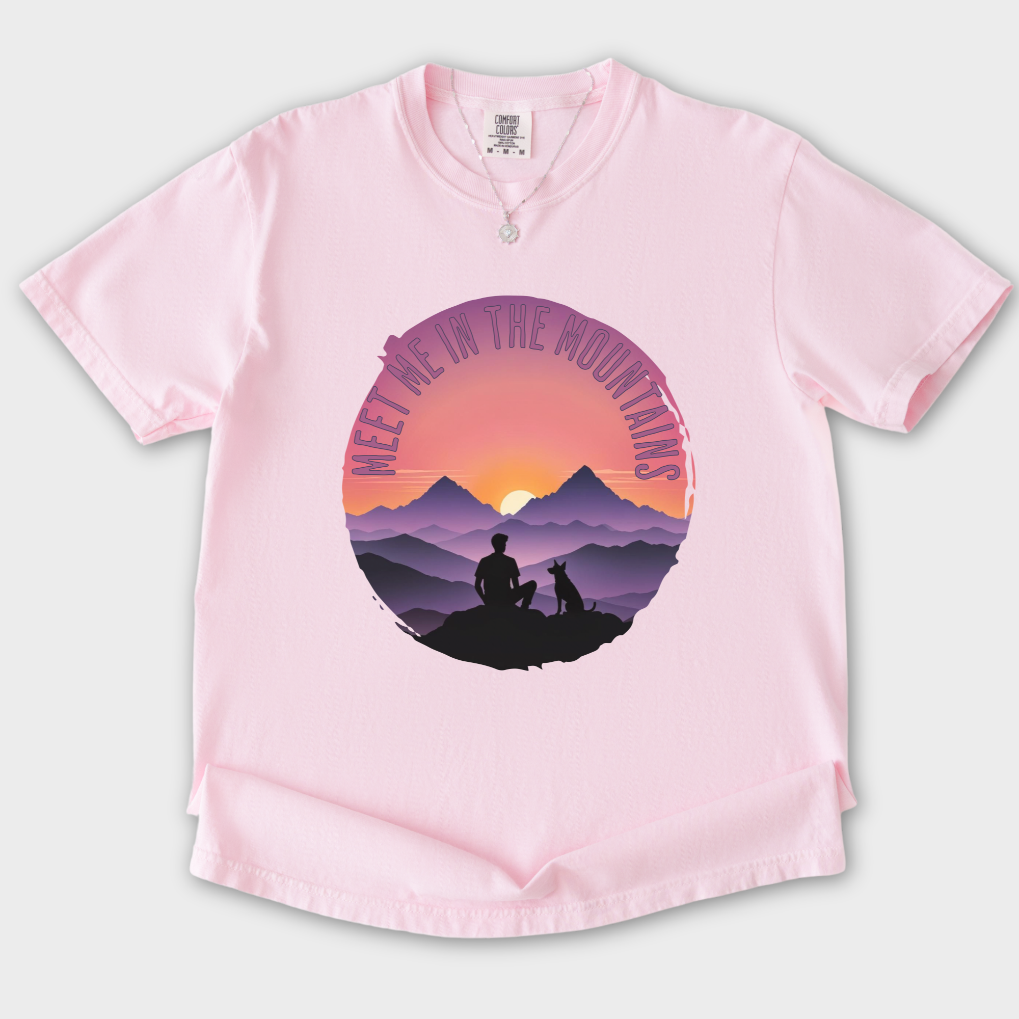 Retro Meet Me In The Mountains Dog Graphic Comfort Colors T-Shirt in Blossom
