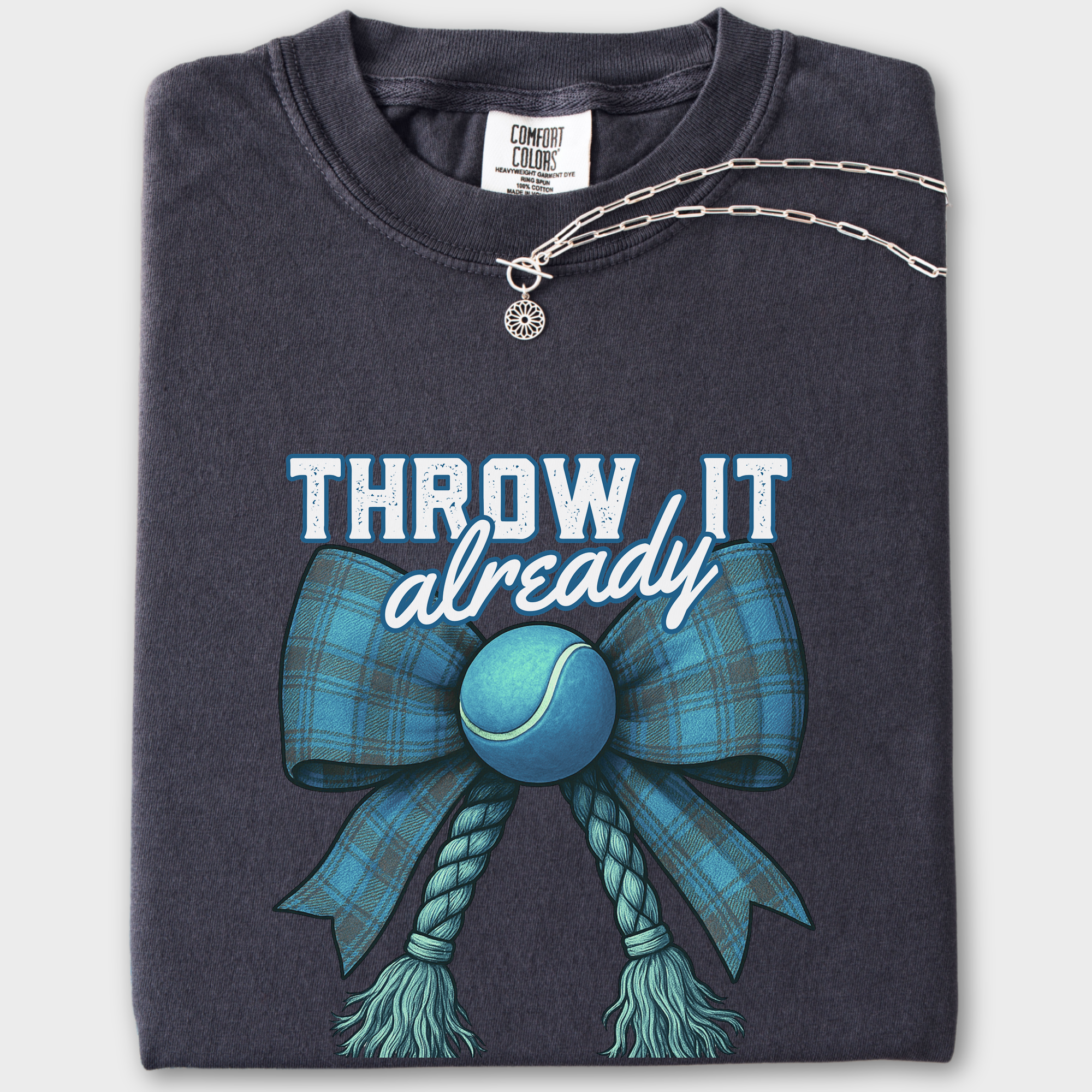 Retro Throw It Already Dog Chew Toy Bow in Blue Dog Bow Comfort Colors T-Shirt in Graphite-Fetch N Found