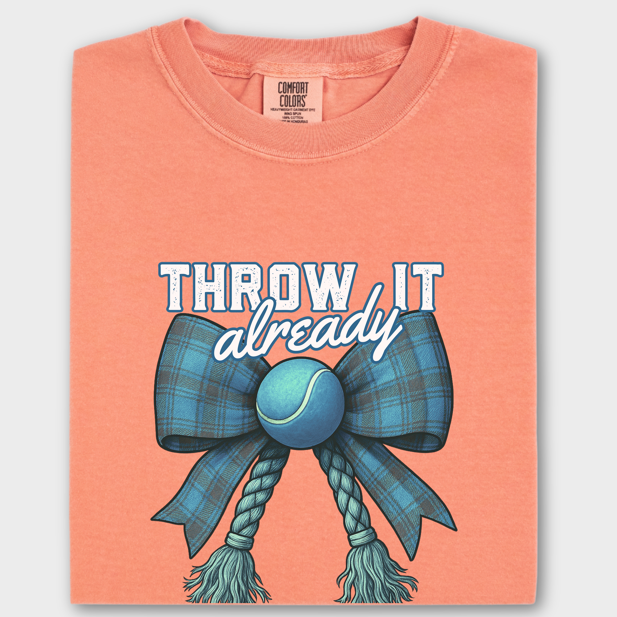 Retro Throw It Already Dog Chew Toy Bow in Blue Dog Bow Comfort Colors T-Shirt in Terracotta-Fetch N Found