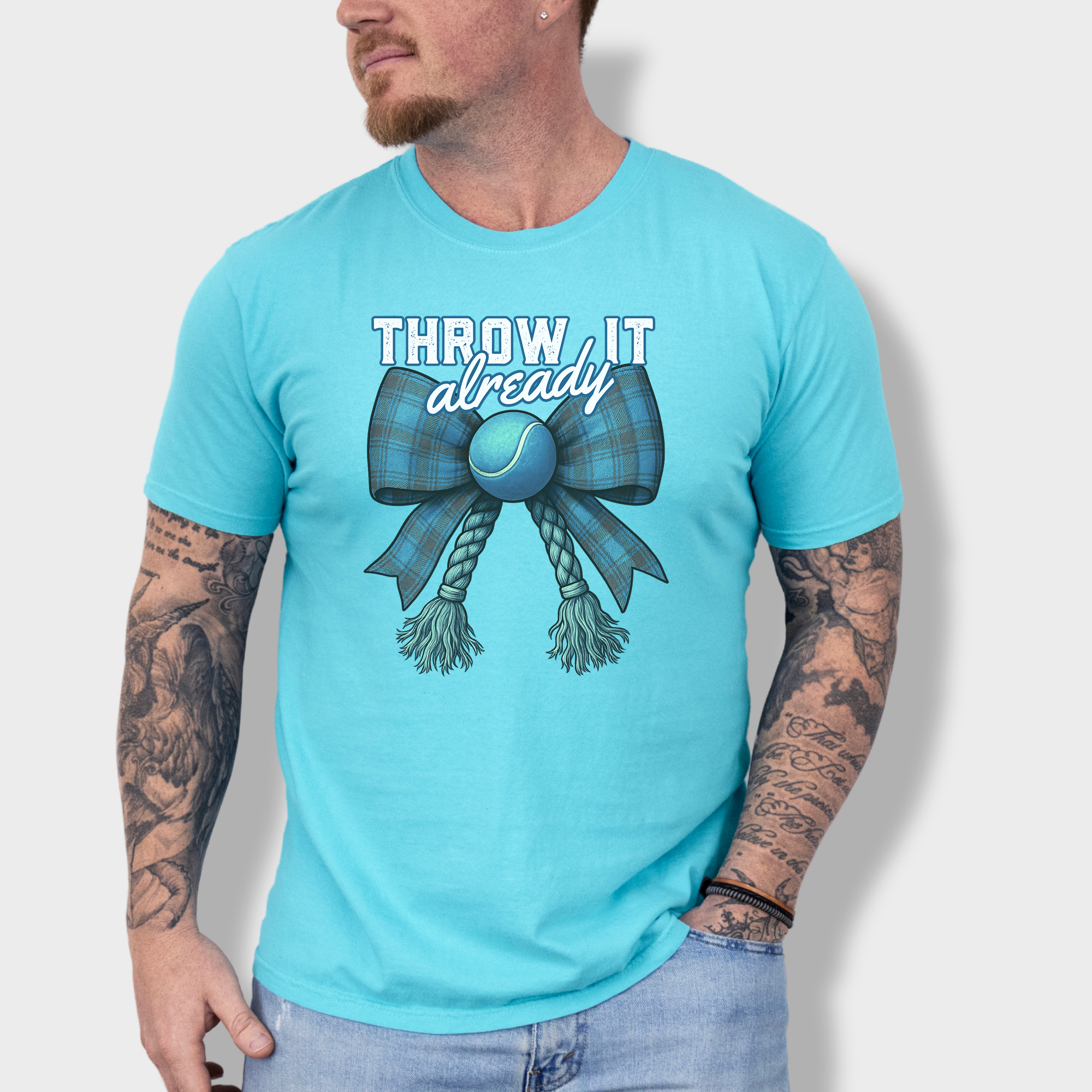 Retro Throw It Already Dog Chew Toy Bow in Blue Dog Bow Comfort Colors T-Shirt in Lagoon Blue-Fetch N Found