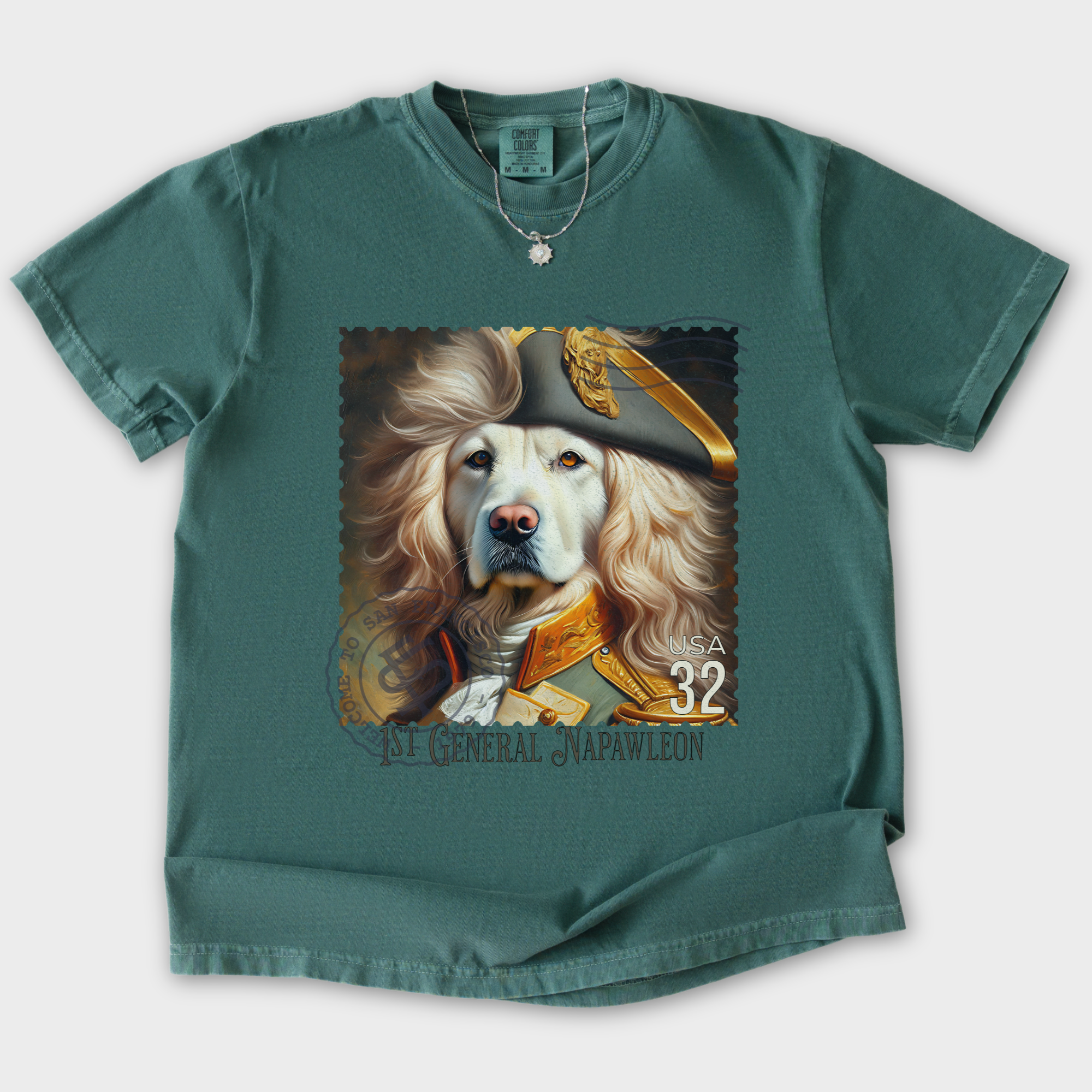 Custom Dog Graphic T-Shirt in Blue Spruce Featuring Unique Labrador Vintage Stamp Design
