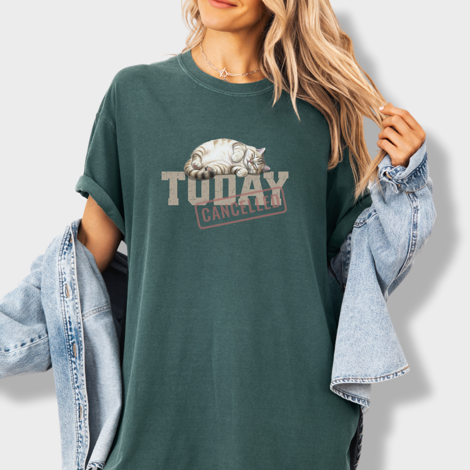 Line Art Today is Cancelled Cat Graphic Comfort Colors T-Shirt in Blue Spruce-T-Shirt-Fetch N Found