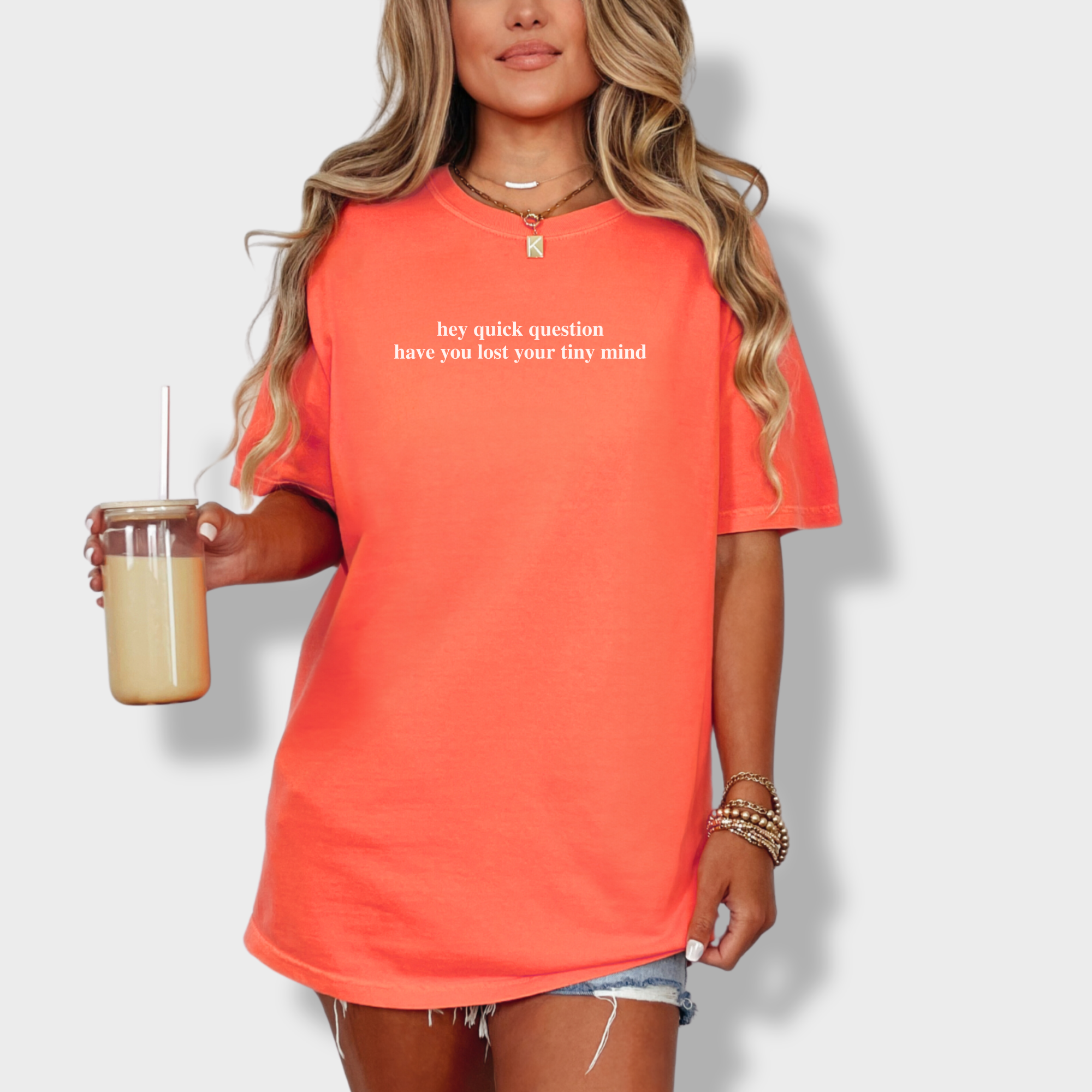Modern Hey quick question TINY MIND Pet Text Comfort Colors T-Shirt in Bright Salmon