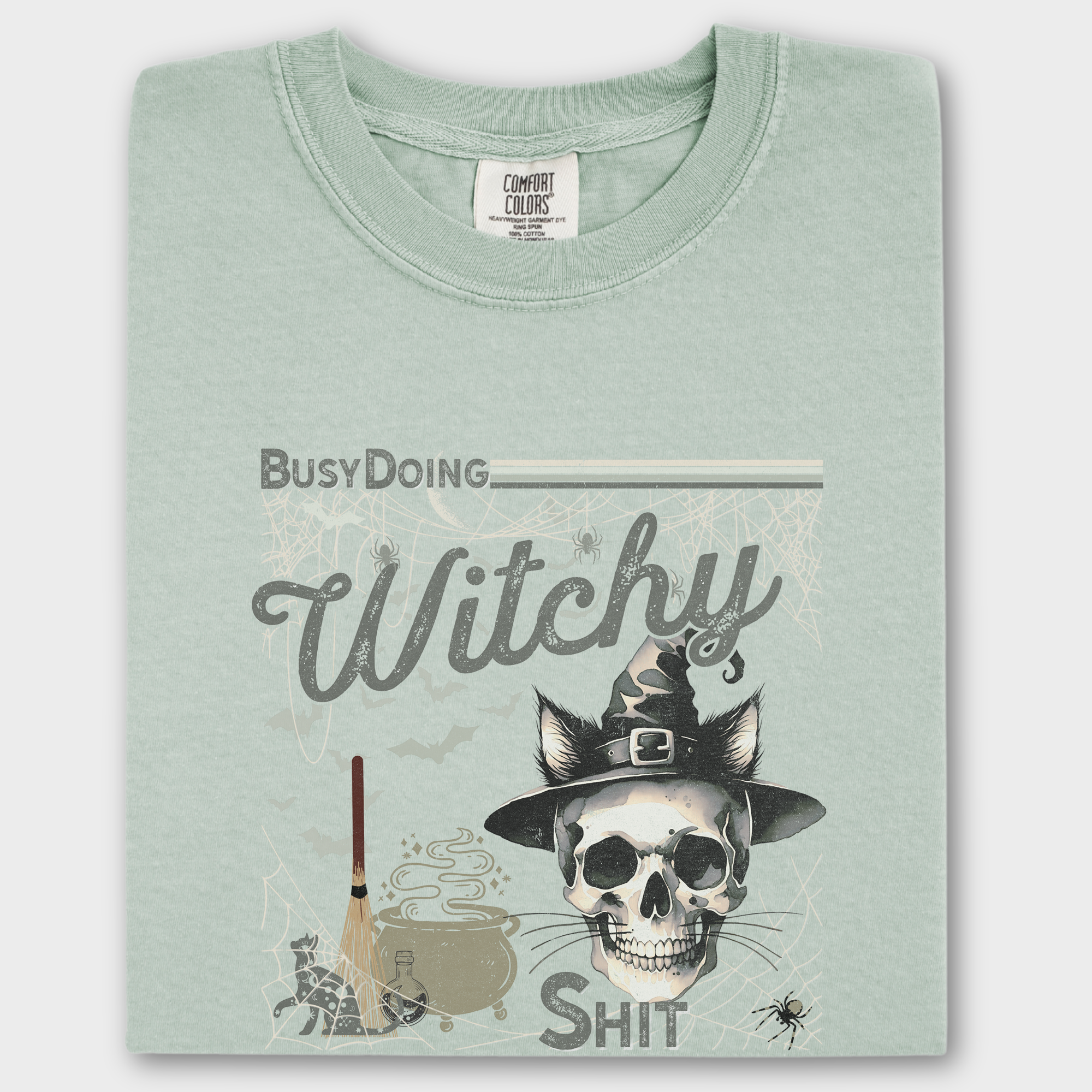 Retro Busy Being a Witch Y2K Halloween Cat Skeleton Comfort Colors T-Shirt in Bay