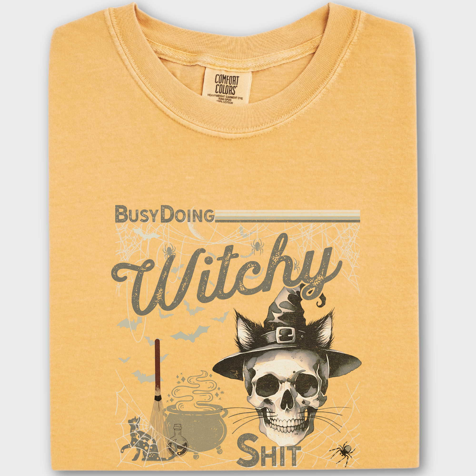 Retro Busy Being a Witch Y2K Halloween Cat Skeleton Comfort Colors T-Shirt in Mustard