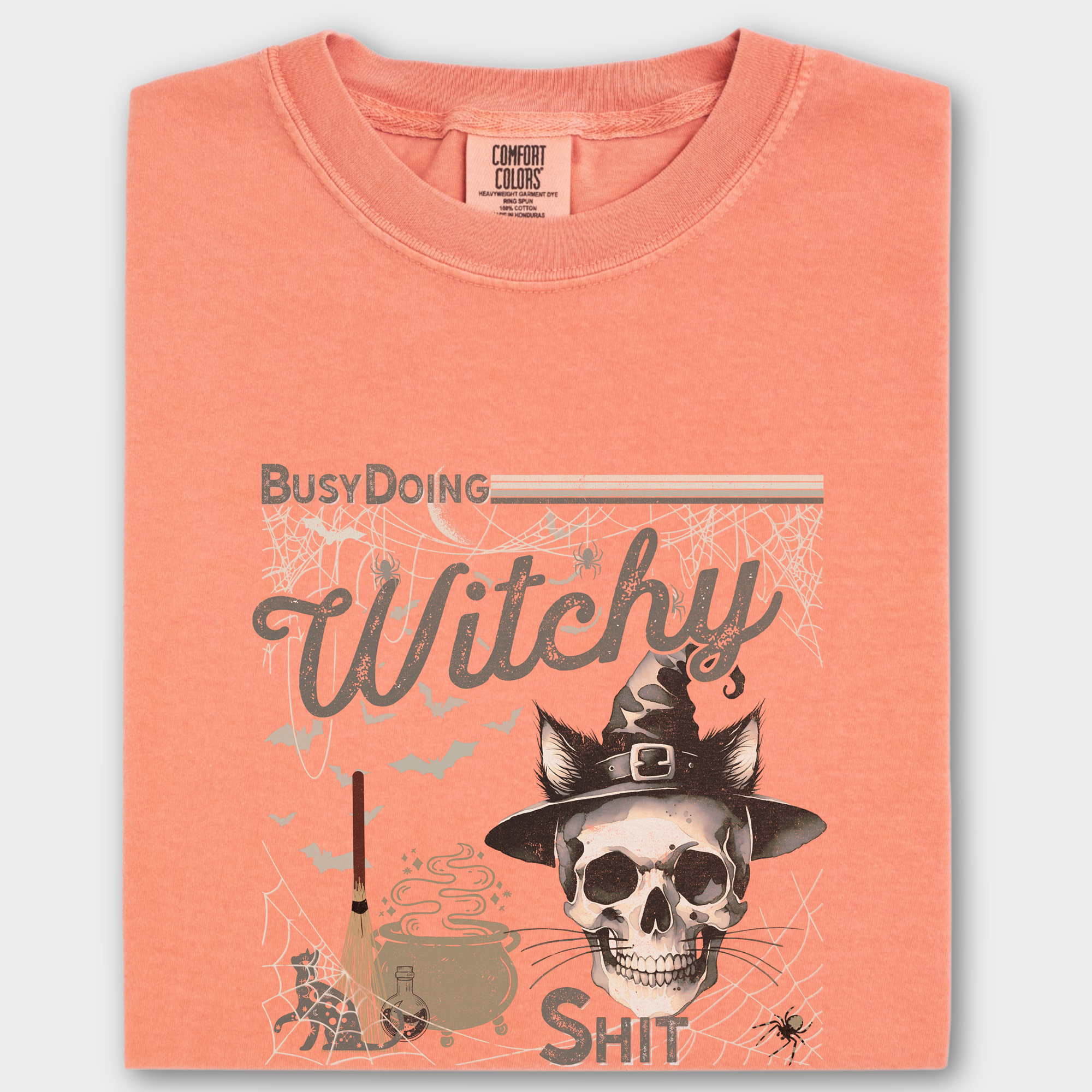 Retro Busy Being a Witch Y2K Halloween Cat Skeleton Comfort Colors T-Shirt in Terracotta