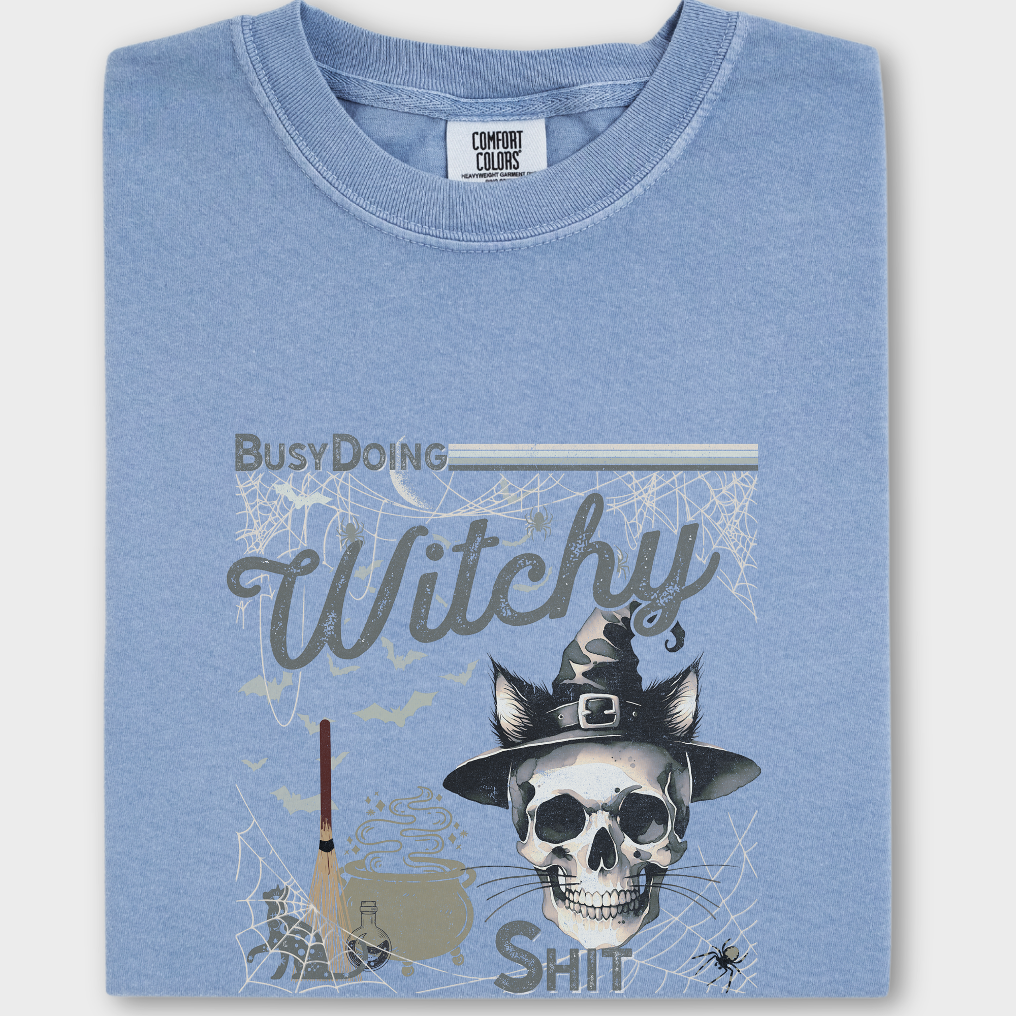 Retro BusyBeing a Witch Y2K Halloween Cat Skeleton Comfort Colors T-Shirt in Washed Denim