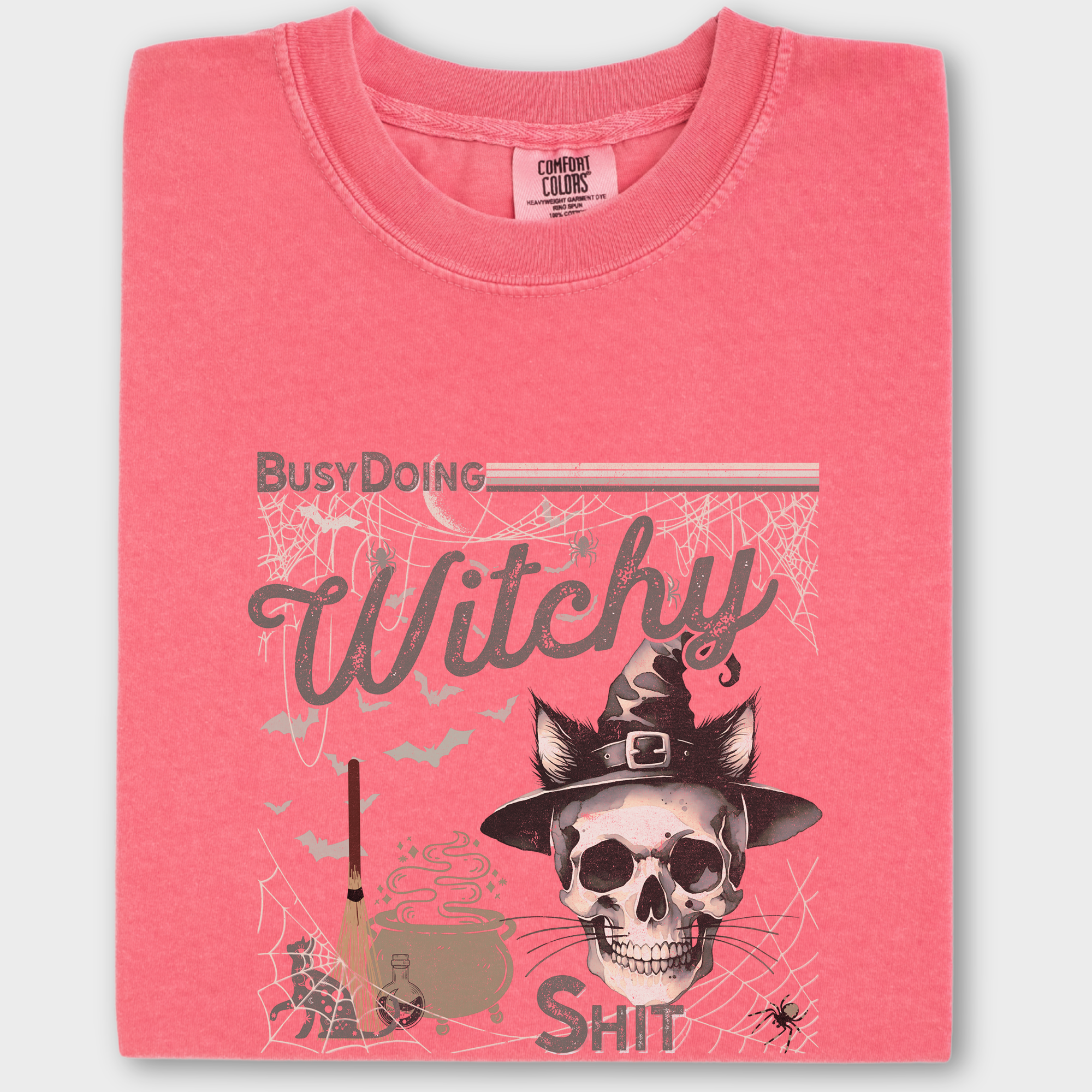 Retro Busy Being a Witch Y2K Halloween Cat Skeleton Comfort Colors T-Shirt in Watermelon