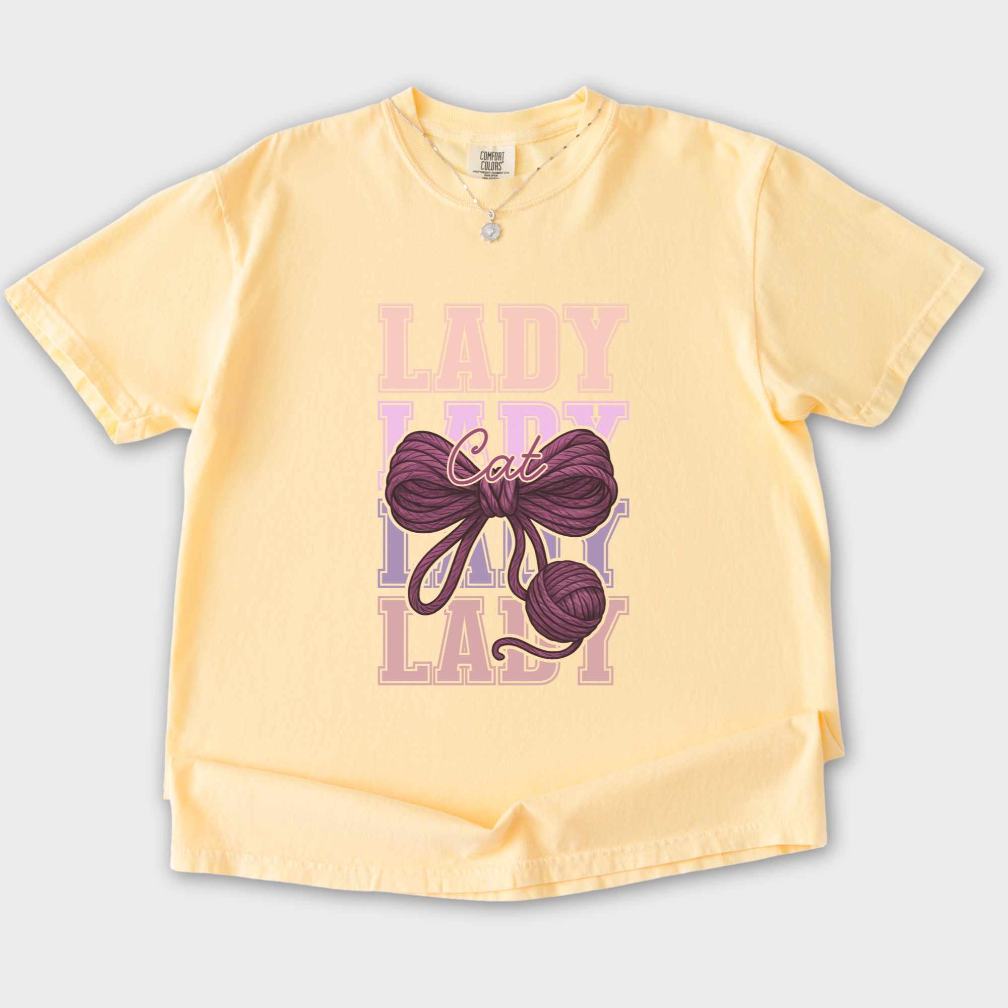 Retro Cat LADY Yarn Bow Cat Bow Comfort Colors T-Shirt in Butter