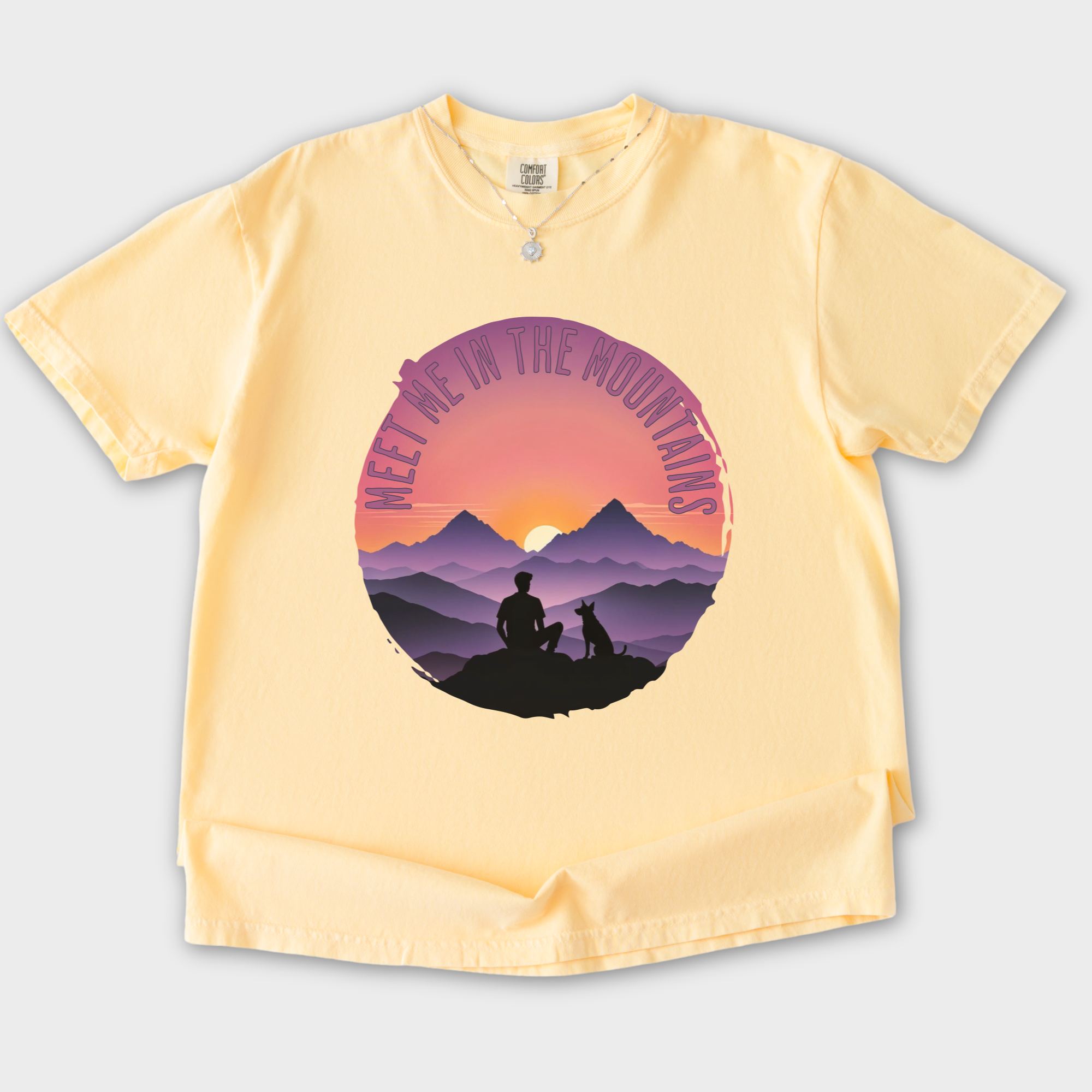 Retro Meet Me In The Mountains Dog Graphic Comfort Colors T-Shirt in Butter