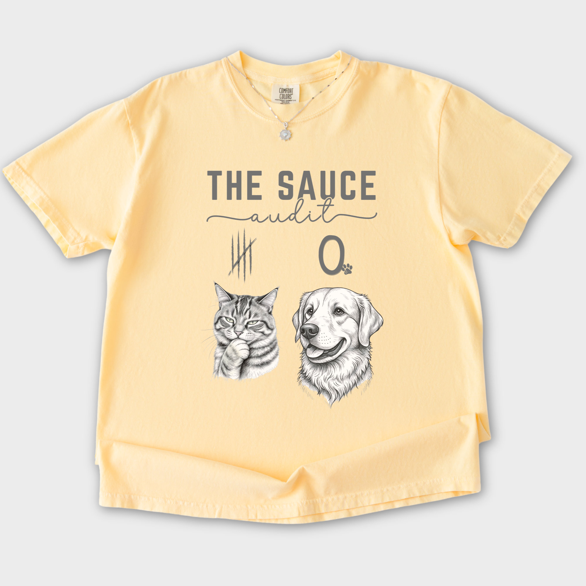 Line Art Who Gives the Sauce Cat v Dog Sauce Audit dog Graphic Comfort Colors T-Shirt in Butter-T-Shirt-Butter-S-Fetch N Found