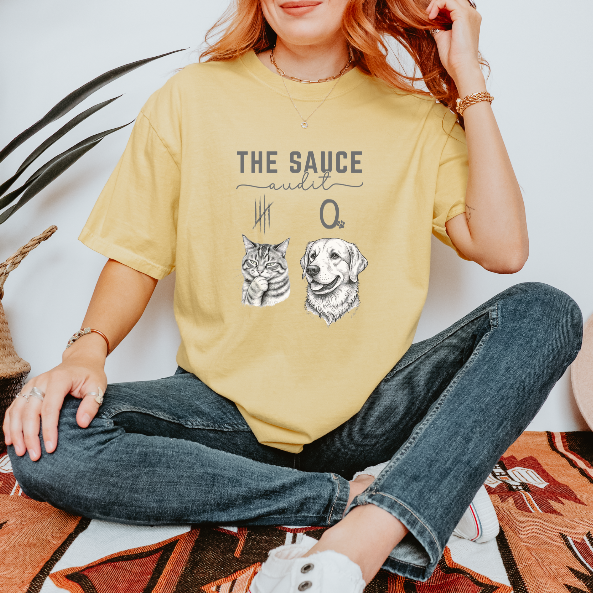 Line Art Who Gives the Sauce Cat v Dog Sauce Audit dog Graphic Comfort Colors T-Shirt in Butter-T-Shirt-Fetch N Found