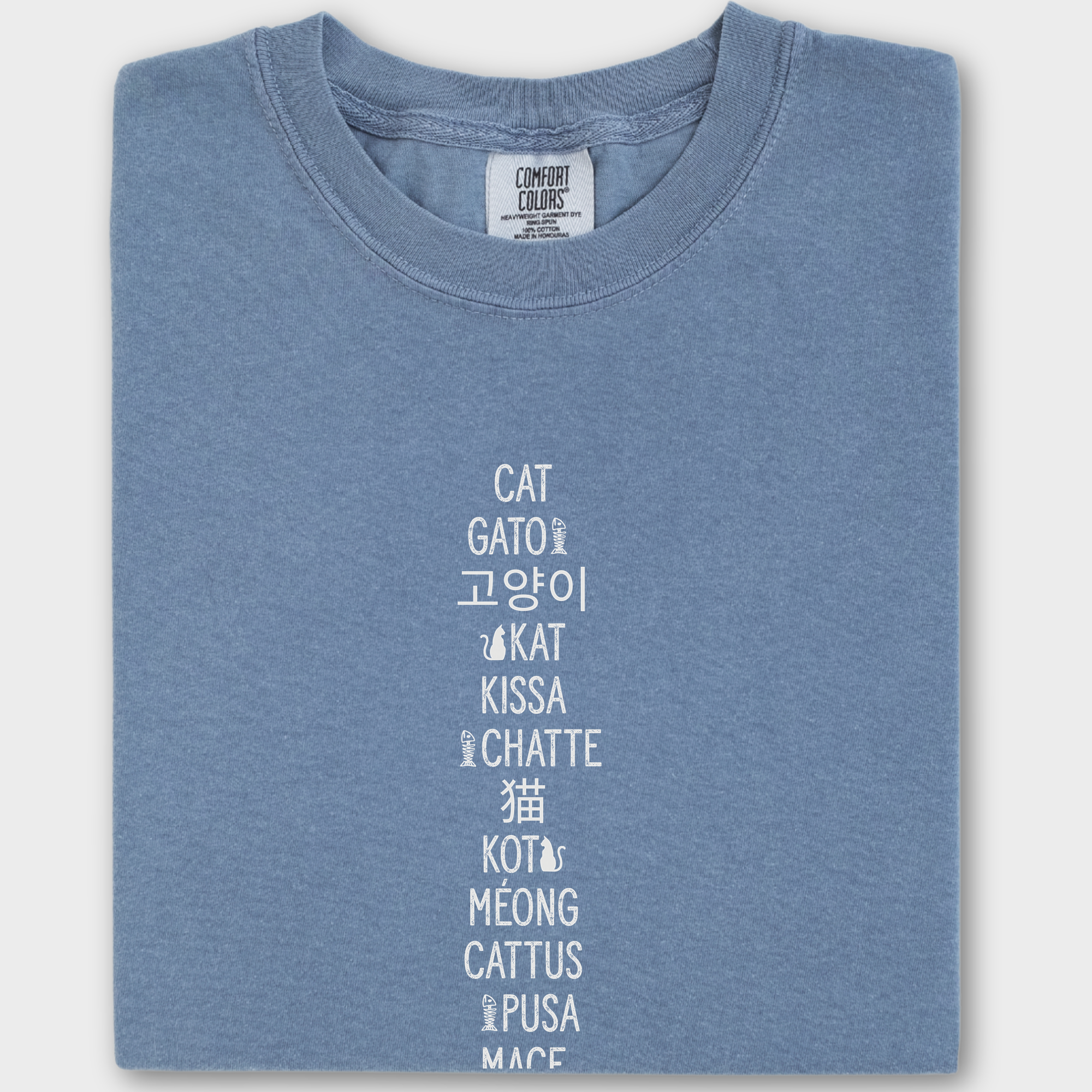 Minimalist CAT In Many Languages Cat Text Comfort Colors T-Shirt in Blue Jean-T-Shirt-Blue Jean-Fetch N Found