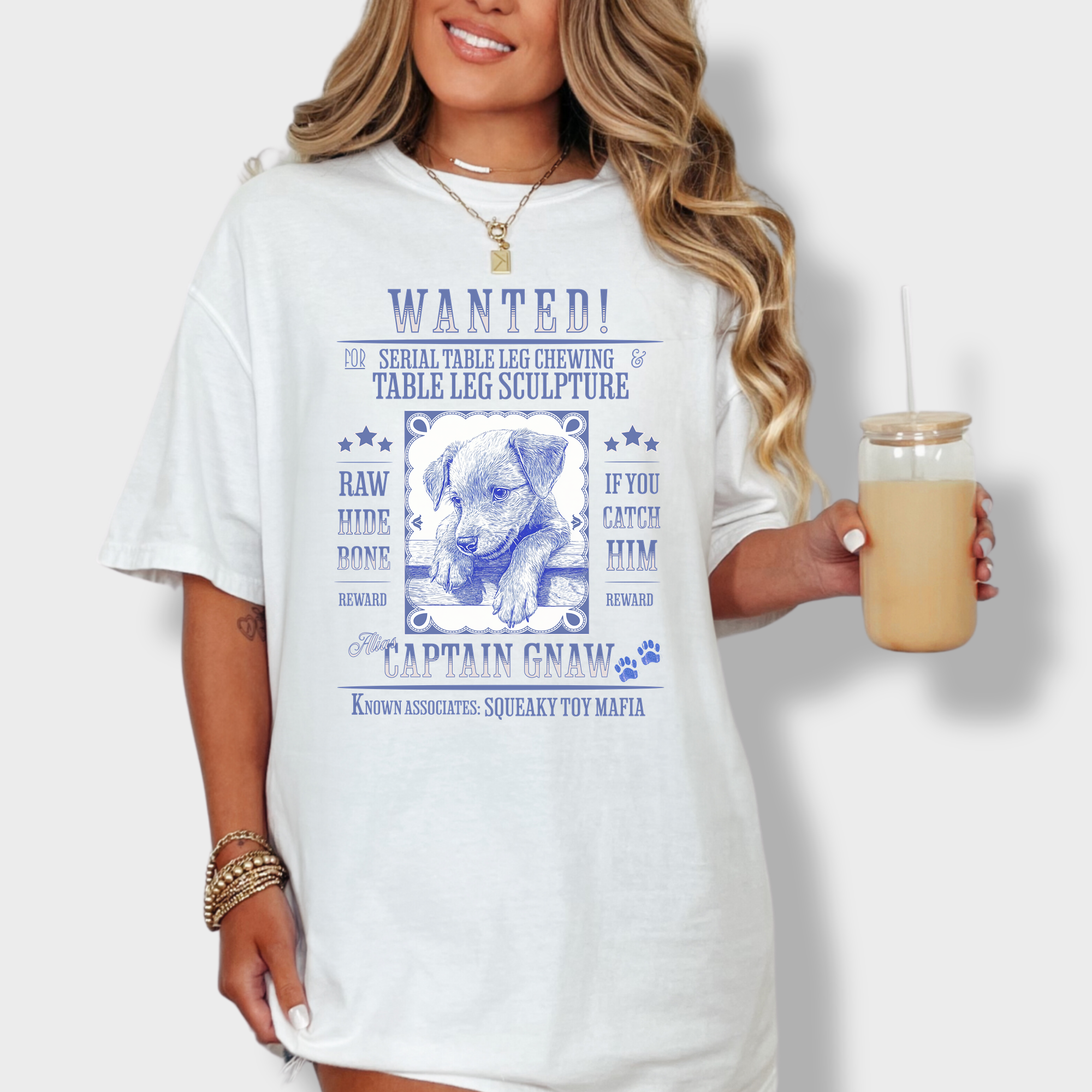 Unique dog-themed T-shirt featuring a vintage wanted poster of a guilty puppy, perfect for dog lovers with a sense of humor.