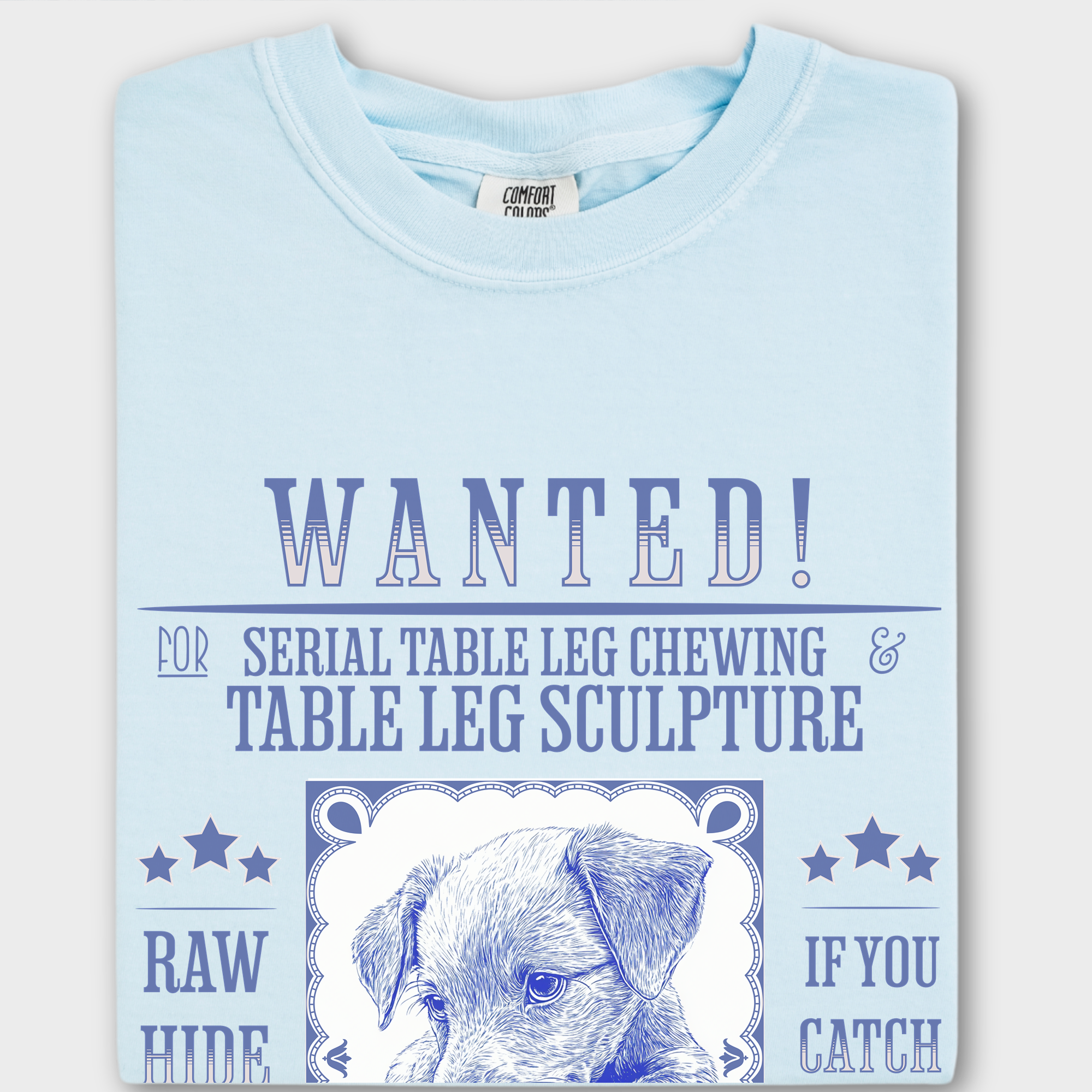Humorous pet lover’s T-shirt with a distressed wanted sign showcasing a naughty dog caught in the act.