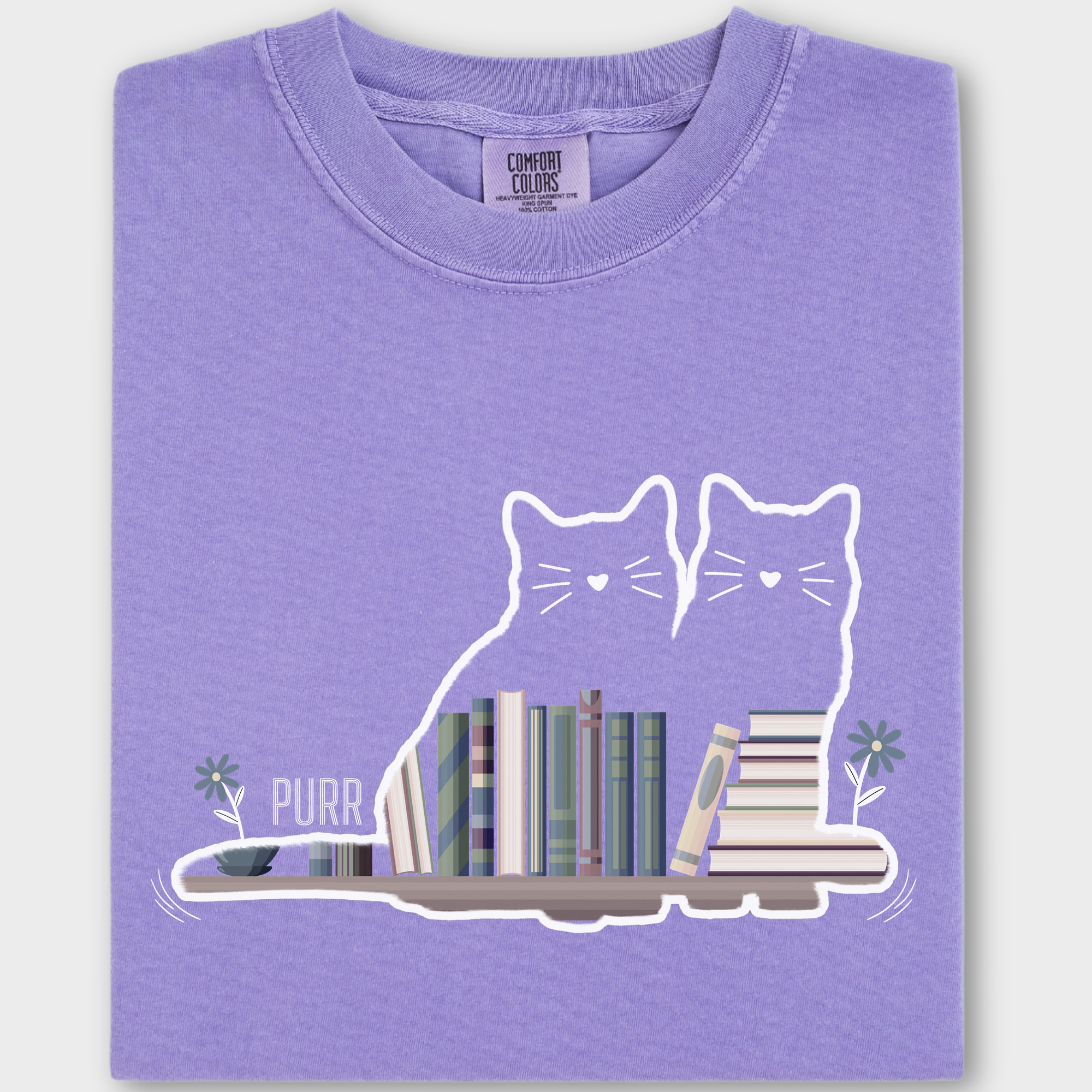 Vintage Cat Book Shelf PURR Cat Graphic Comfort Colors T-Shirt in Violet-Fetch N Found