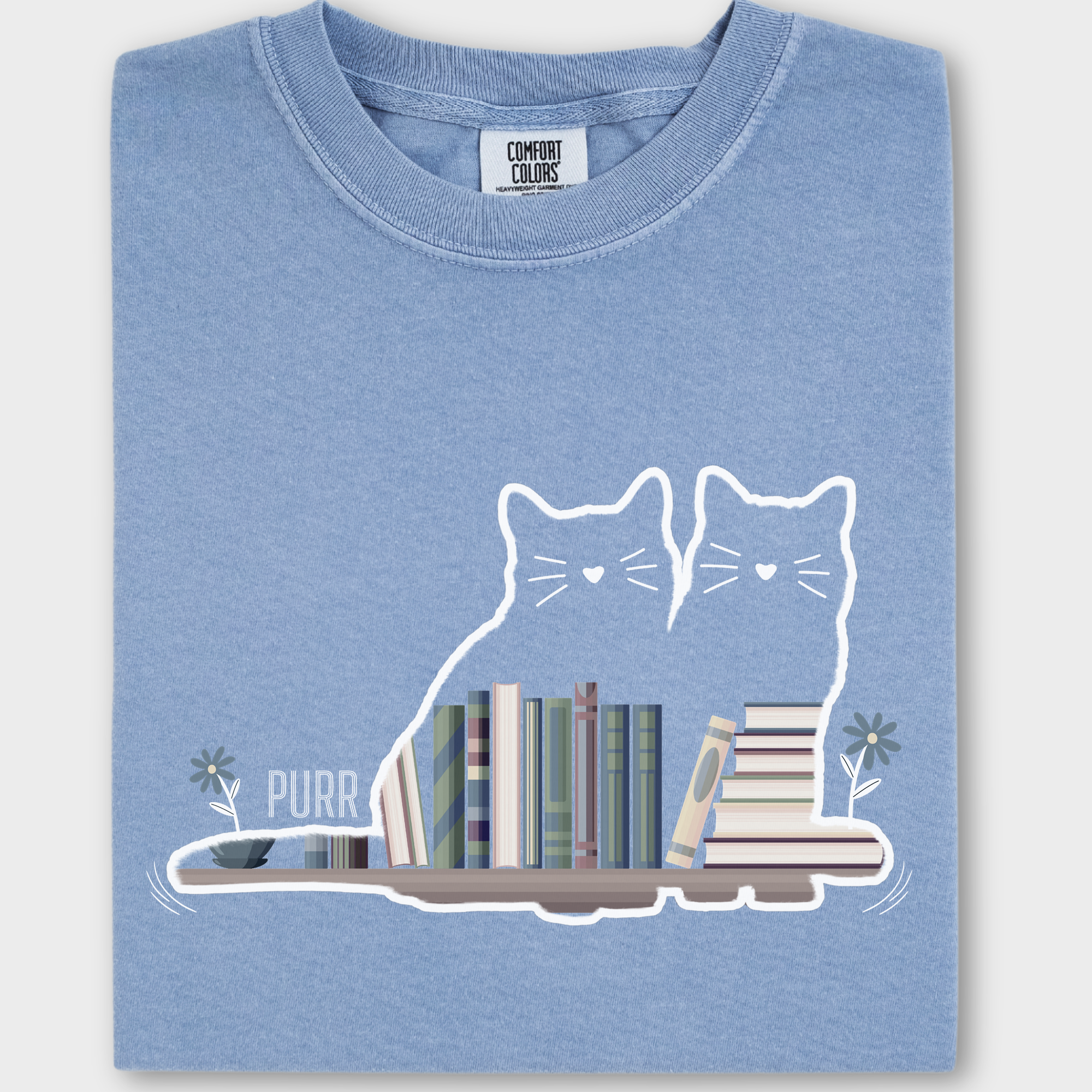 Vintage Cat Book Shelf PURR Cat Graphic Comfort Colors T-Shirt in Washed Denim-Fetch N Found