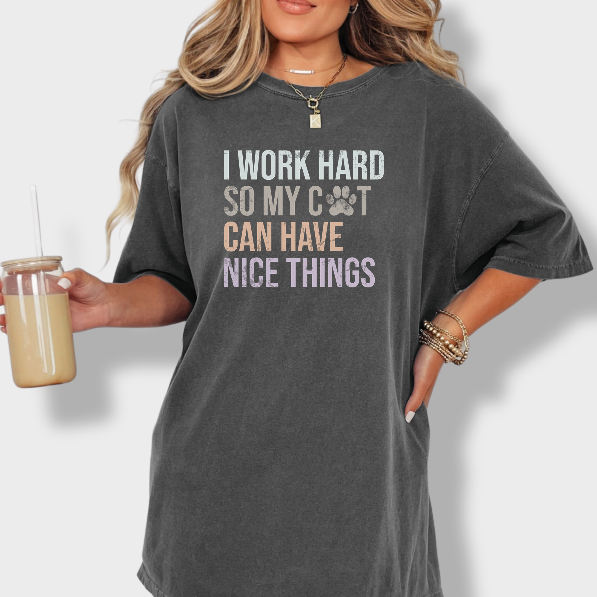 Vintage I Work Hard So My Cat Can Have Nice Things Cute Cat Minimalist Comfort Colors T-Shirt in Pepper